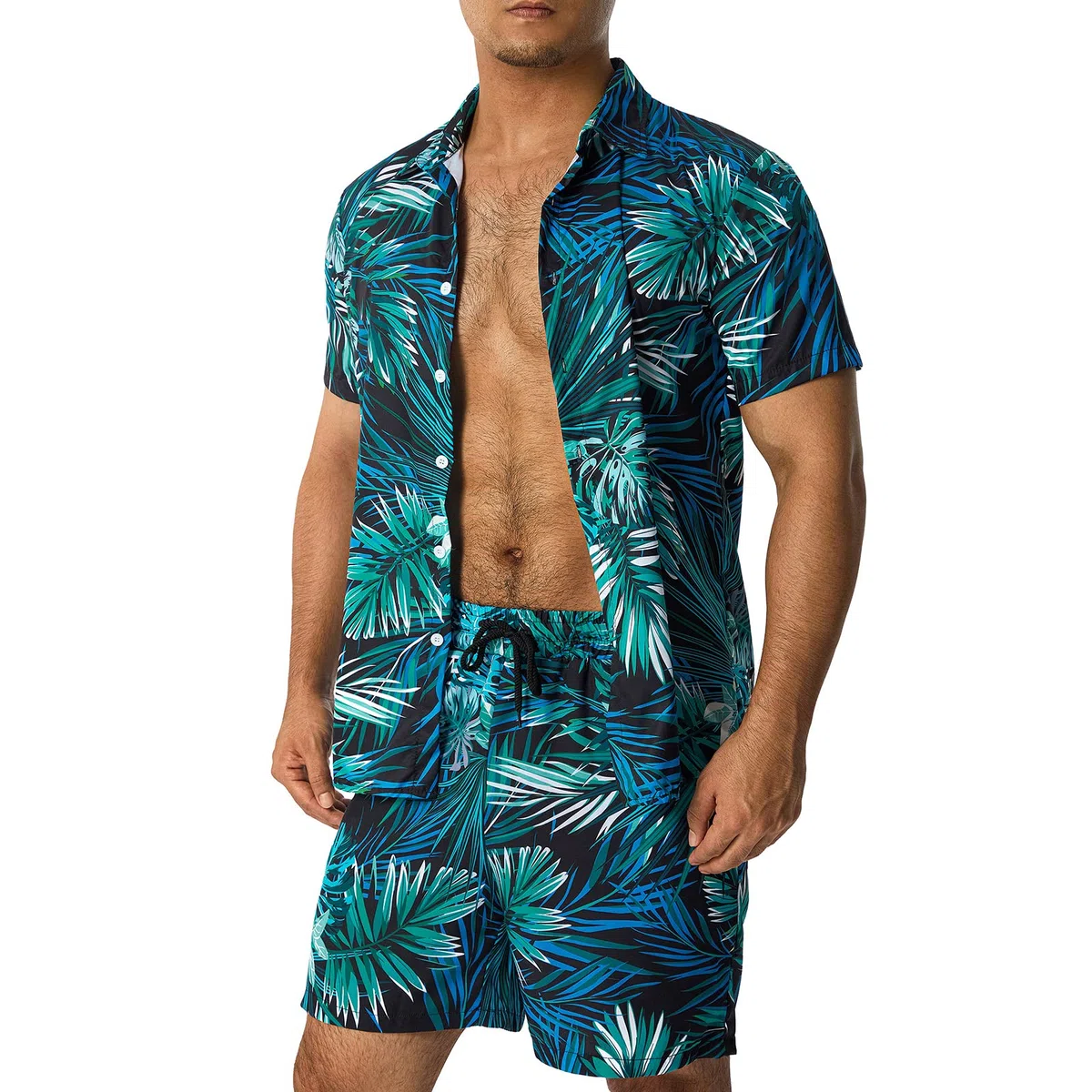 Loalirando Ensemble Hawaien Homme de 2 Pièces Chemise Imprimées à Manches Courtes + Shorts Assorti Taille Elastique