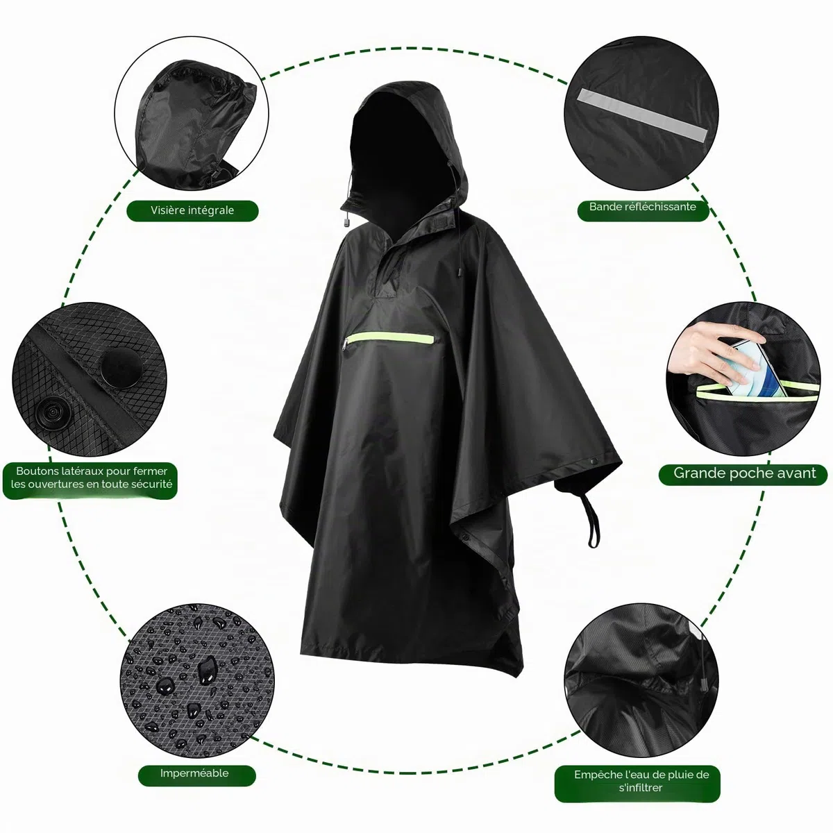 AiQInu Poncho Pluie Imperméable avec Manches Ventilées, Poche à Capuche, Bandes Réfléchissantes, Légère et Réutilisable, Pour le Camping, la Randonnée, l'Extérieur et l'Utilisation Quotidienne