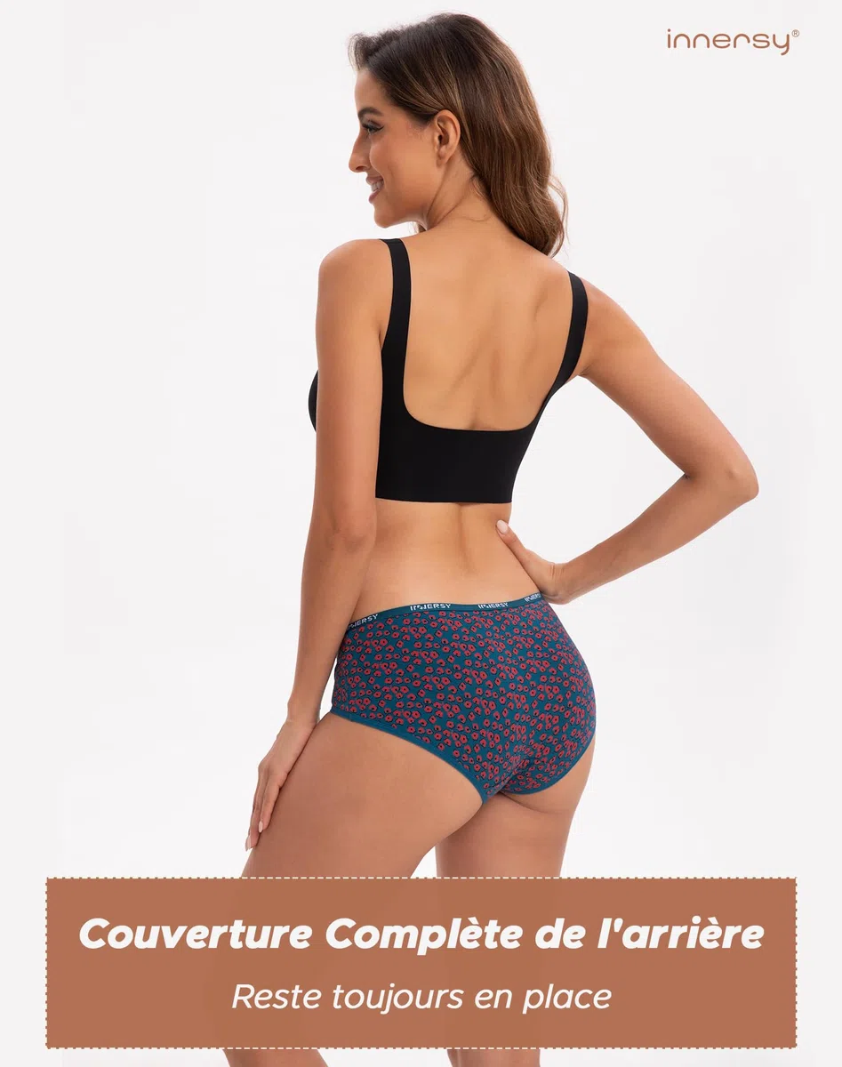 INNERSY Culotte Femme Coton Stretch Taille Basse sous-vêtements Douce Bikini Slips Sport Lot de 6