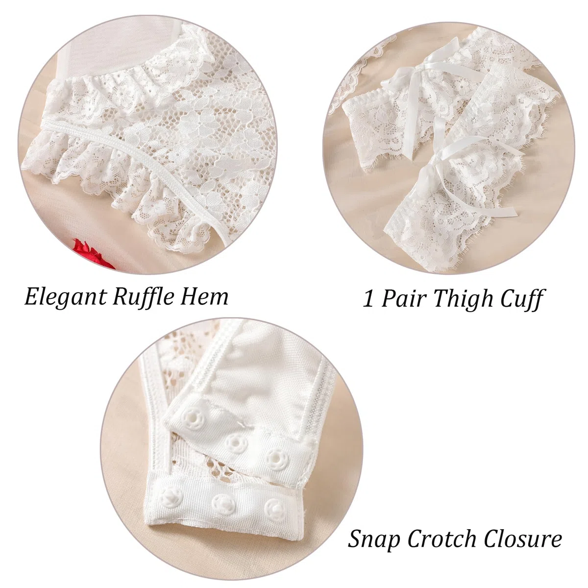 EVELIFE Body Sexy Femme en Dentelle avec Volants et Nœuds Satinés – Lingerie Une Pièce Transparente avec Cuffs en Dentelle, Bretelles Réglables, Tenue de Nuit Chic, Tailles S-XXL
