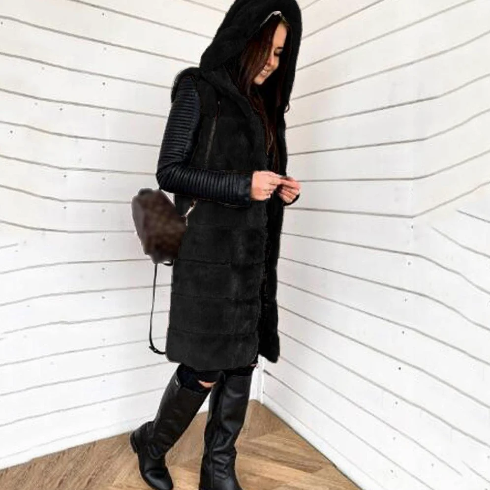 Gilet en fausse fourrure grande taille, gilet long et moelleux pour femme, manteau coupe-vent en plein air, cardigan élégant sans manches, gilet chaud de luxe, vêtements d'extérieur, gilets à capuche