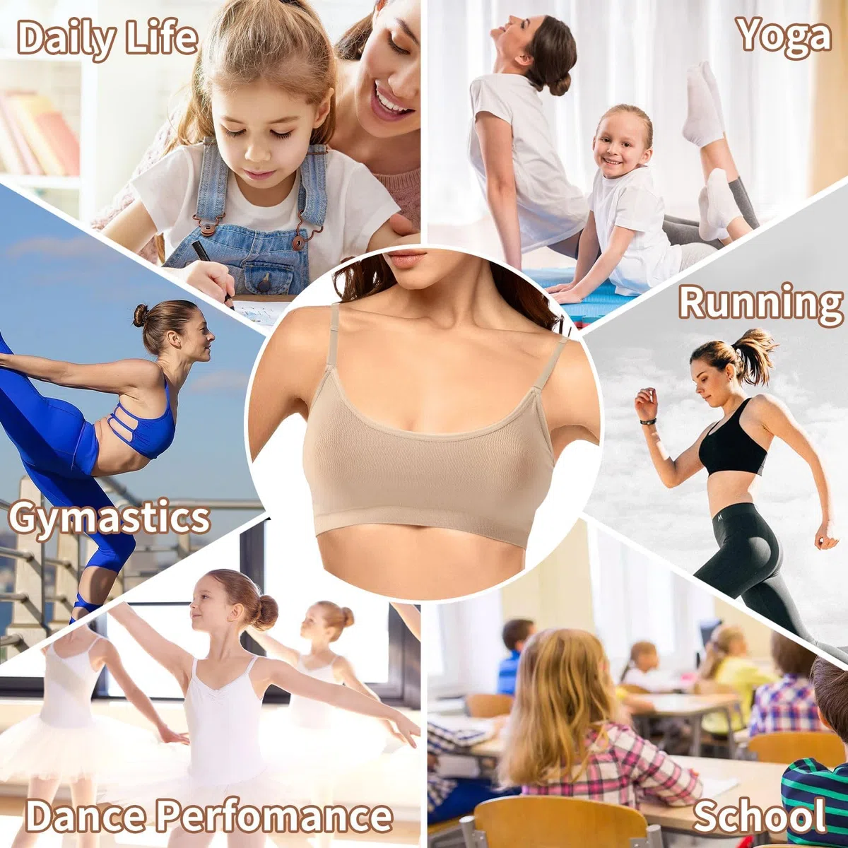 Soutien-gorge de danse pour fille - Soutien-gorge élastique sans couture sans fil avec 2 paires de bretelles transparentes réglables et interchangeables et couvertures en silicone