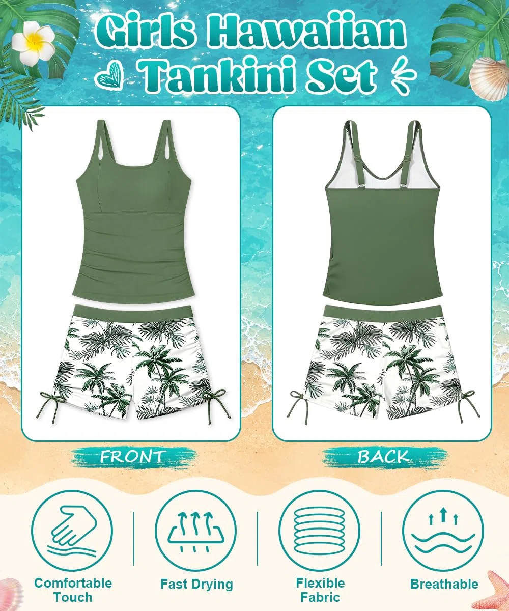 Maillots de Bain Filles, Tankini Fille 2 Pièces Top uni avec Rembourrage Amovible Et Short Imprimé,Short de Bain Swimwear 11-16 Ans