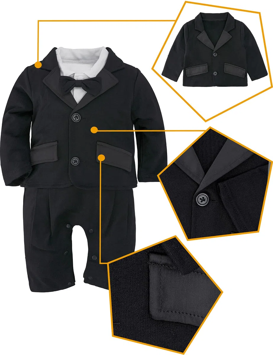 mintgreen Barboteuse pour Bébé Garçon Gentleman, Ensemble de Costume 2 Pièces Tenue de Mariage avec Manteau, 6-24 mois