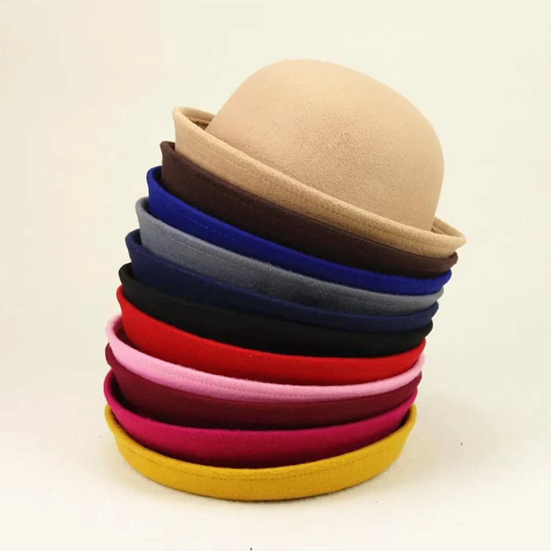 Chapeaux De Derby Ronds pour Enfants, Filles Et Garçons, Chapeau Seau Panama à Bord Retroussé, Feutre De Laine, Chapeaux Melon Ronds élégants, Tour De Tête 54cm