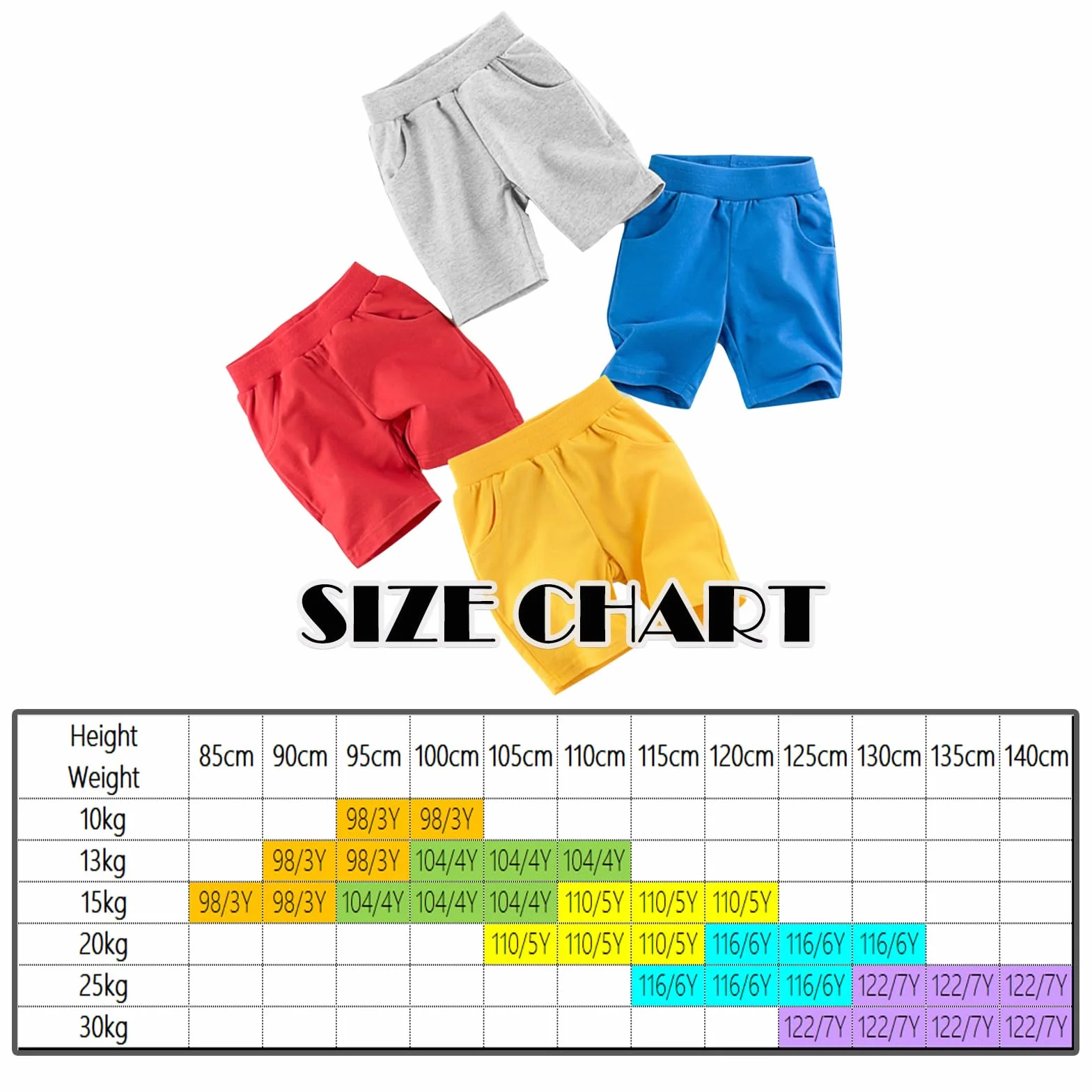 Short Enfant Garçon Shorts et Bermudas en Coton Taille Élastique, 2 Poches, Lot de 3