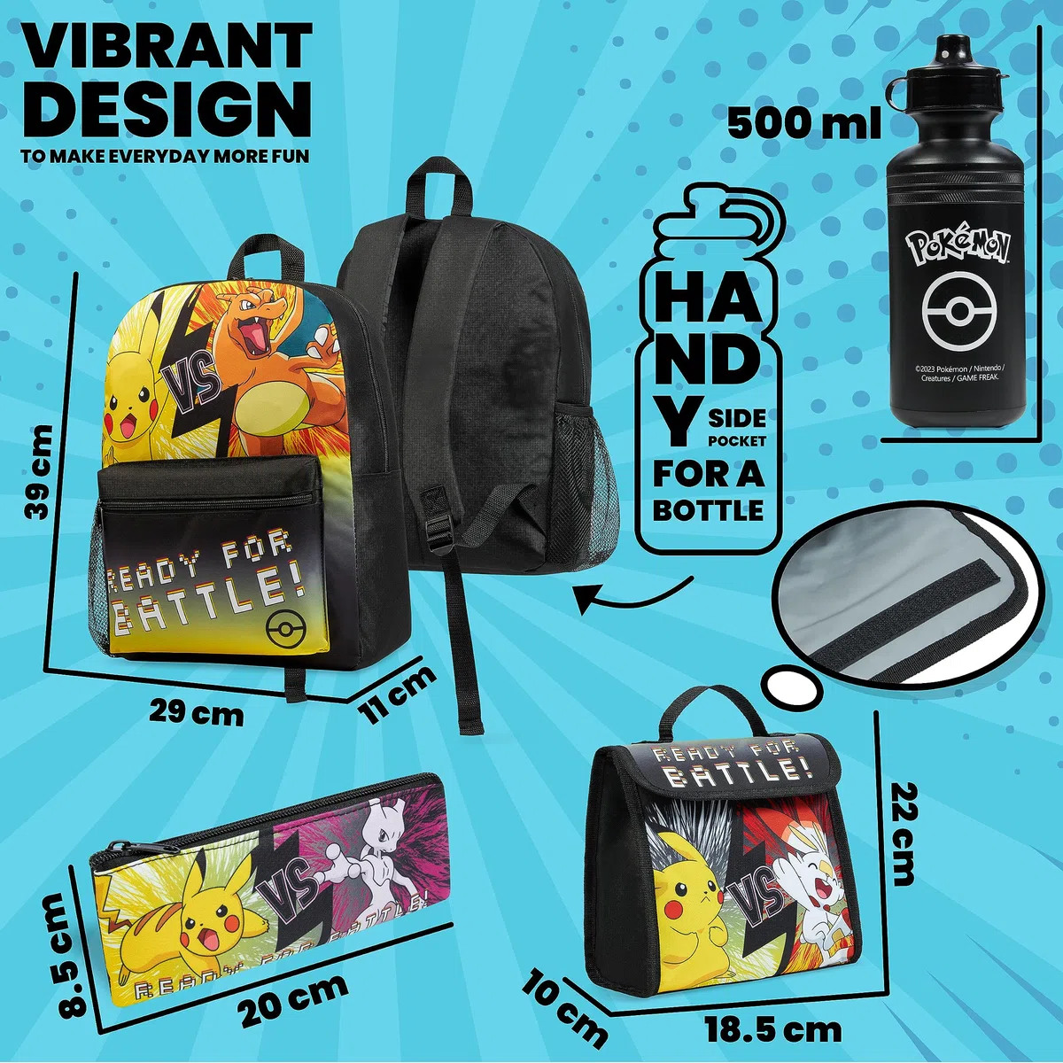 Pokémon Sacs à Dos pour Enfant Set 4 Pc Bouteille d'eau Sac a Dos Trousse Sac à Lunch Isotherme ou Portefeuille Anime Fournitures Scolaires (Noir/JauneEnsemble de 4 Pièces)