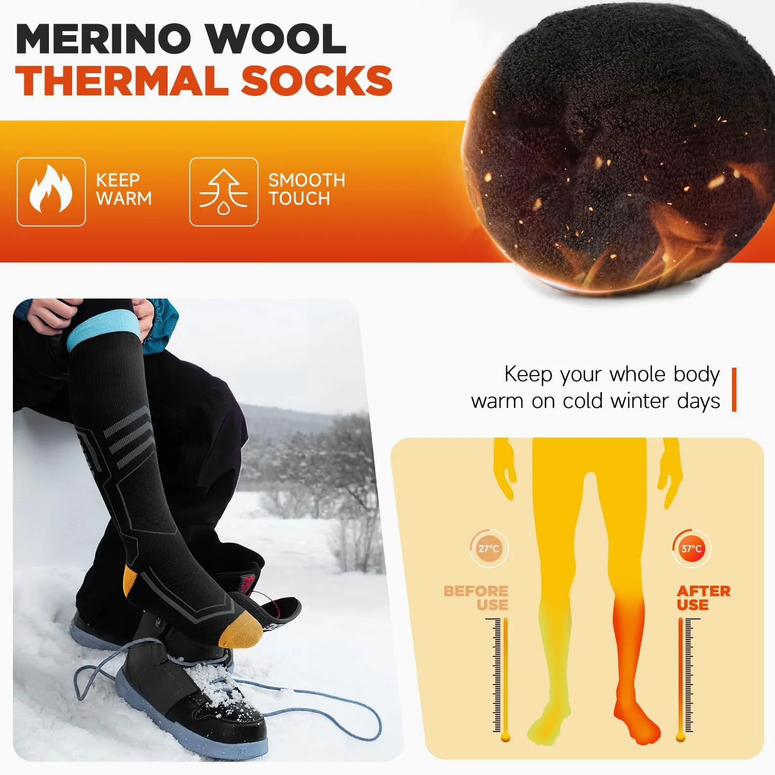 TANSTC Chaussettes de Ski Haute Performance Homme Femme 43-46 39-42 47-50 35-38 Chaussettes Hiver Chaudes Épais Coussin Chaussettes Longues Thermiques Respirant pour Ski Travail Randonnée 2 Paires