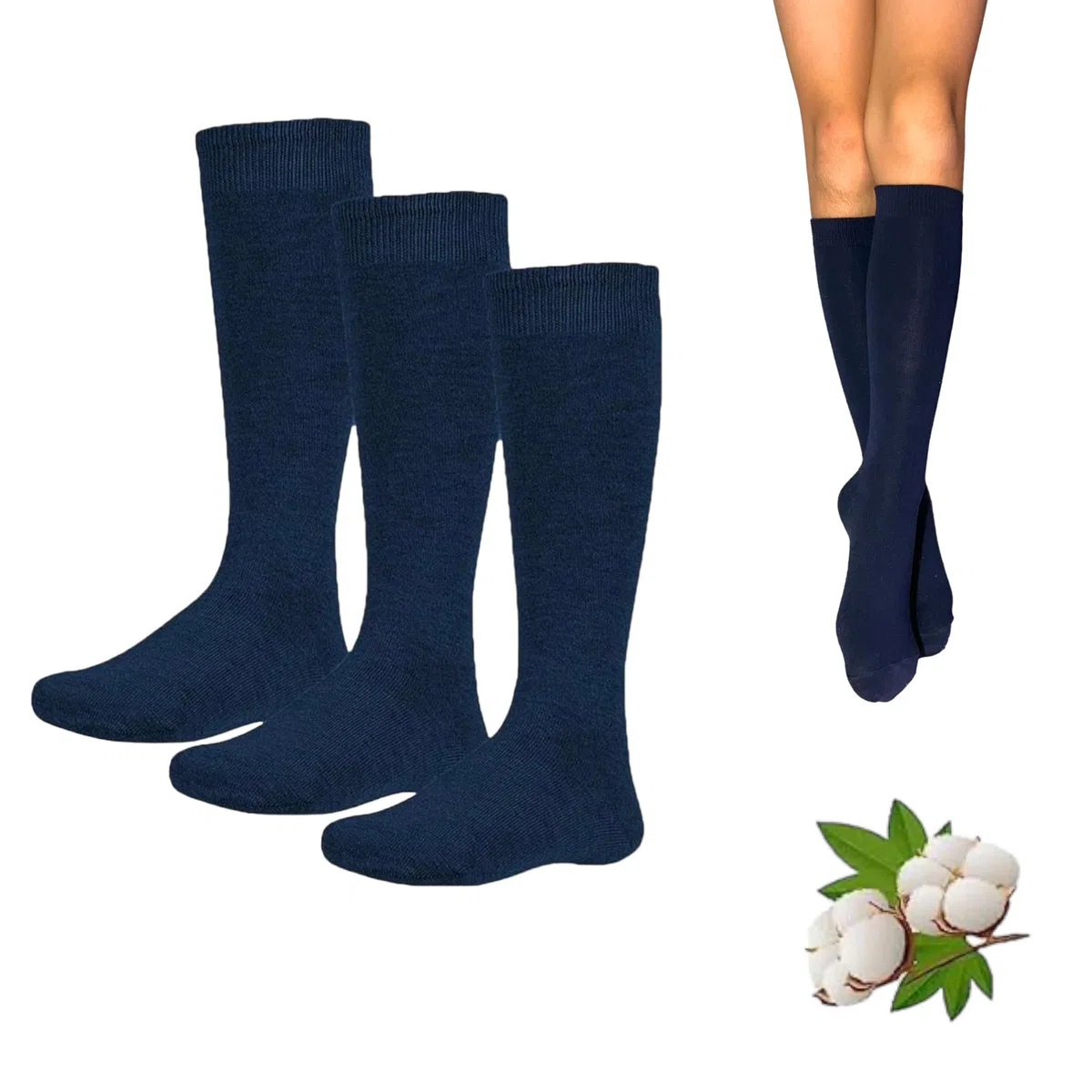 3 paires de chaussettes hautes pour fille ou garçon pour uniforme scolaire - Chaussettes longues pour enfants - Chaussettes longues écolières - Chaussettes en coton bleu marine