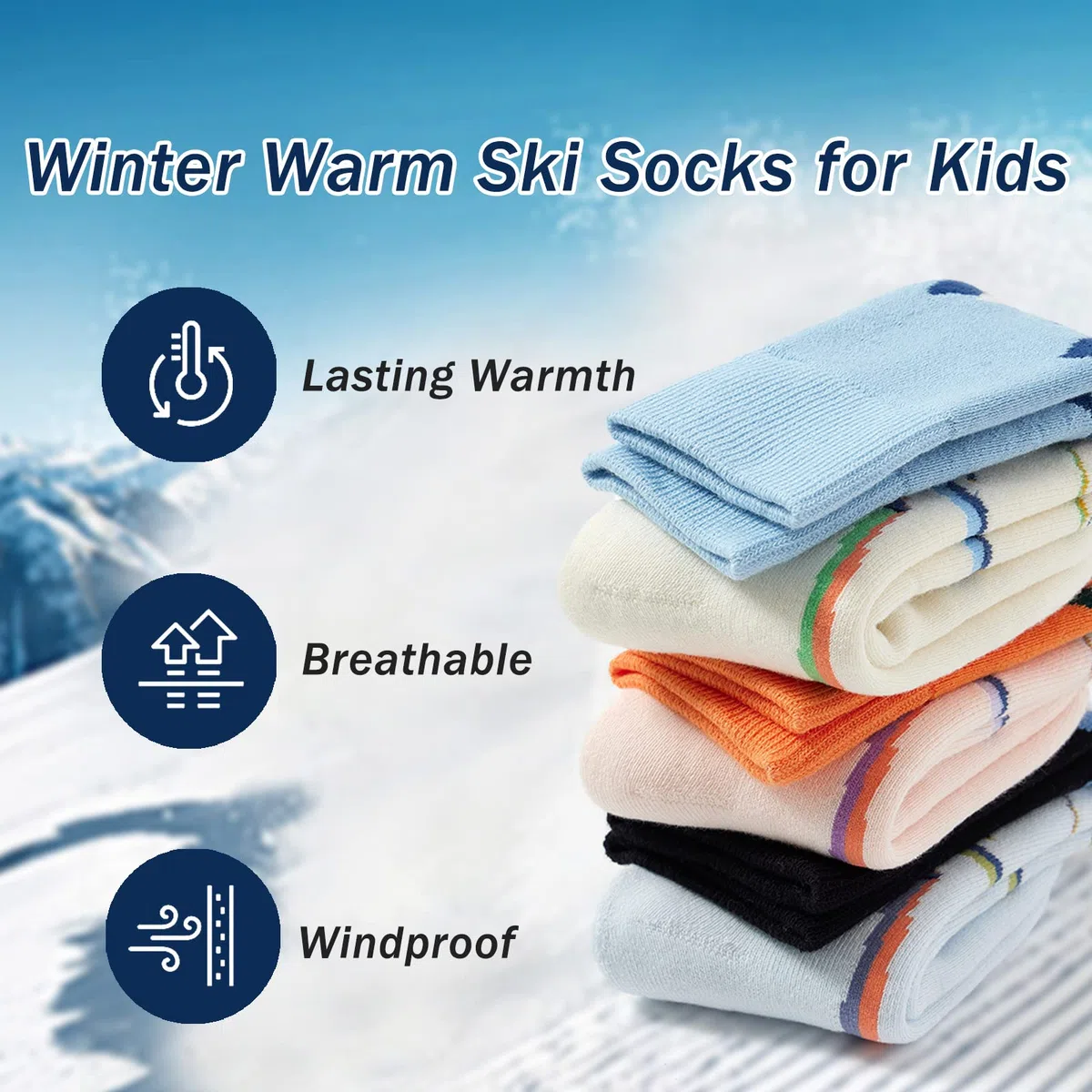Lot de 3 paires de chaussettes de ski pour enfants - Chaussettes chaudes en coton épais - Chaussettes longues thermiques pour garçons