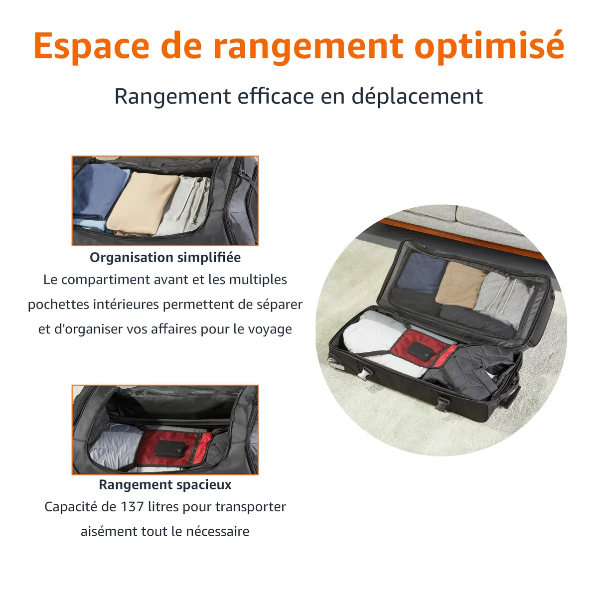 Amazon Basics Sac de Voyage à Roulettes Grand (89 cm, 137 litres),Léger et Durable en Tissu Indéchirable,Grande Capacité avec Manche Télescopique, Idéal pour les Voyages,le Travail et les Loisirs,Noir