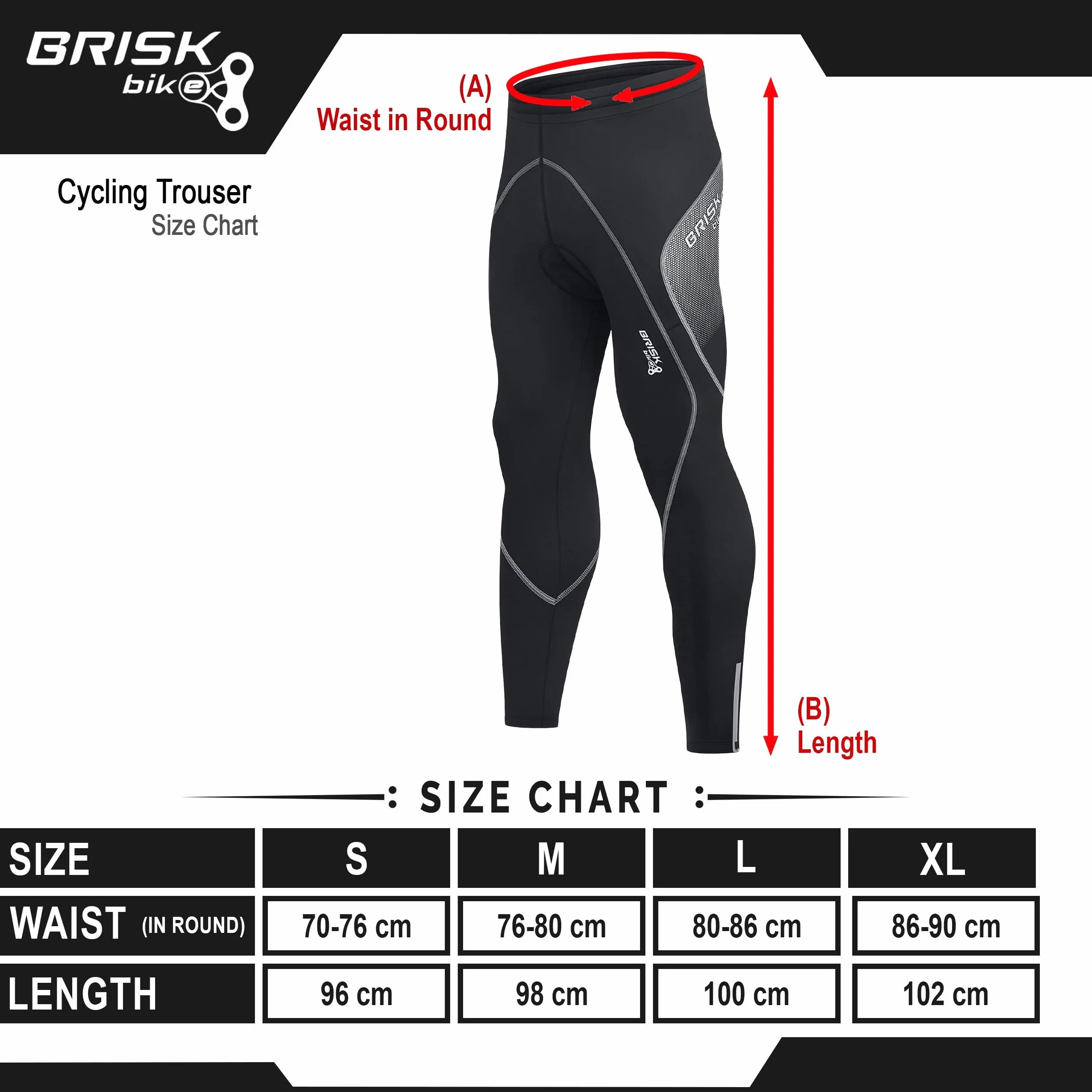 Brisk Bike Pantalon Cycliste Homme Long avec Fermetures éclair réfléchissantes, Extensible, rembourré, en Coolmax Pantalon Velo