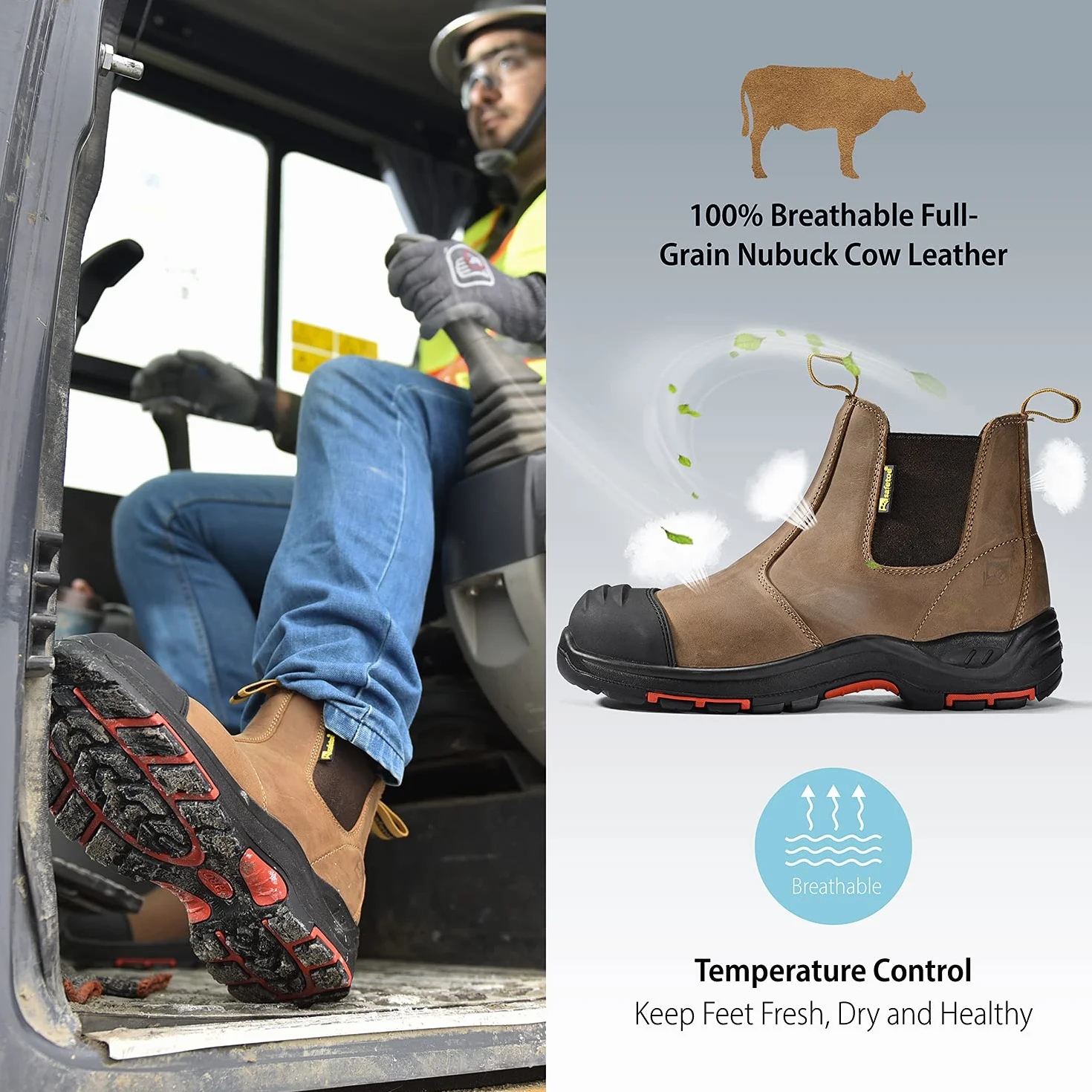 SAFEYEAR Bottes de travail S3 M-8025NB pour homme et femme, en cuir imperméable et respirant, semelles intérieures légères et confortables, coutures composites SB et plaque anti-pénétration