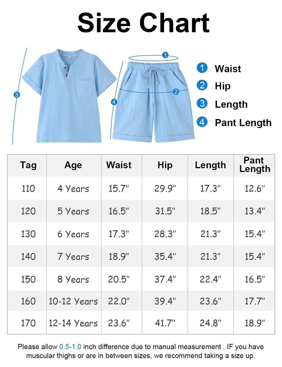 BINIDUCKLING Ensemble 2 pièces pour garçon avec col Henley et short - En coton et lin - Pour enfants de 4 à 14 ans