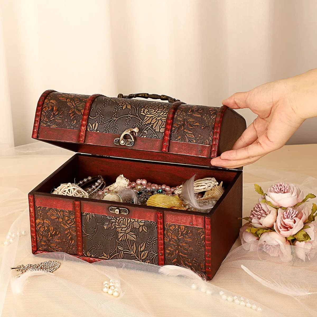 Coffret au trésor en bois - Malle au trésor avec fermeture métallique vintage - Boîte de rangement coffret à bijoux - Cadeau pour mariage, Noël et Anniversaire (25 x 17 x 16cm)
