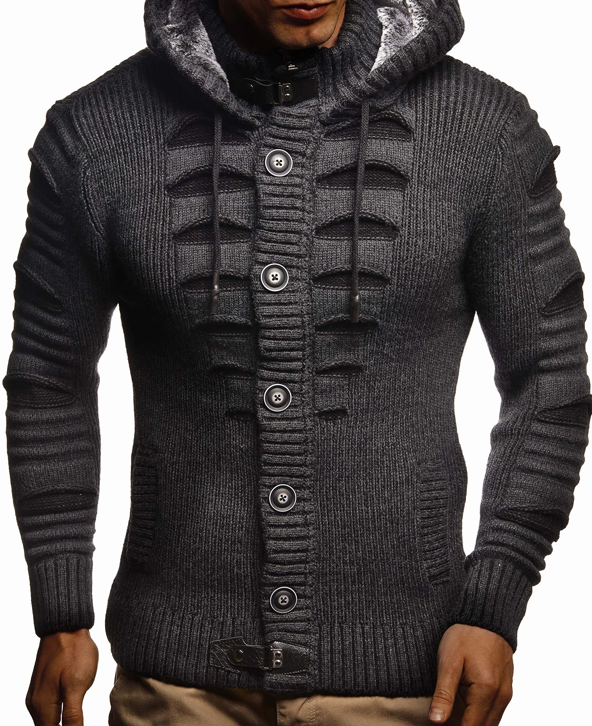 Leif Nelson LN5605 - Cardigan en tricot à capuche pour homme - Élégante veste de loisirs - Coupe ajustée