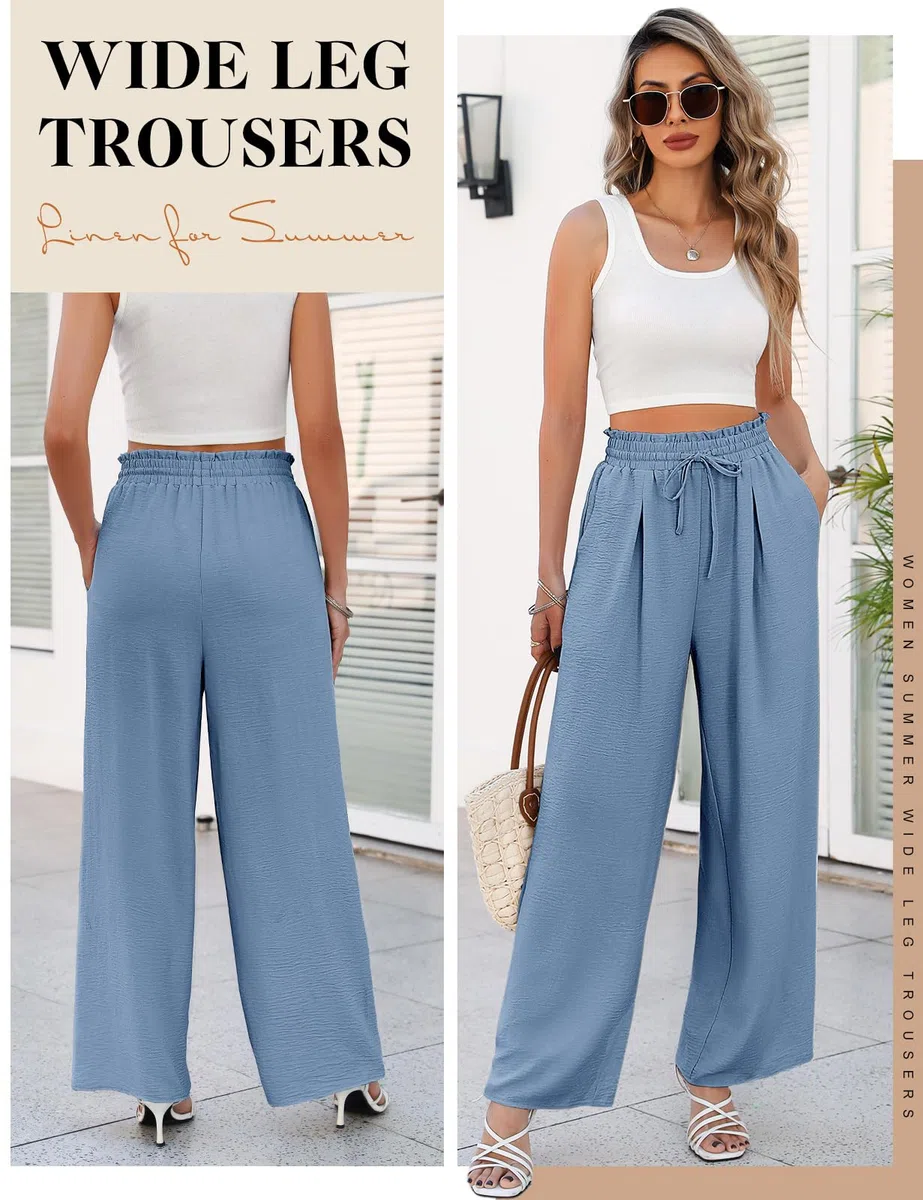 CMTOP Pantalon Femme Été Fluide à Jambes Larges Taille Haute Elastique avec Cordon de Serrage, Léger et Elegant de Plage Décontracté avec Poches