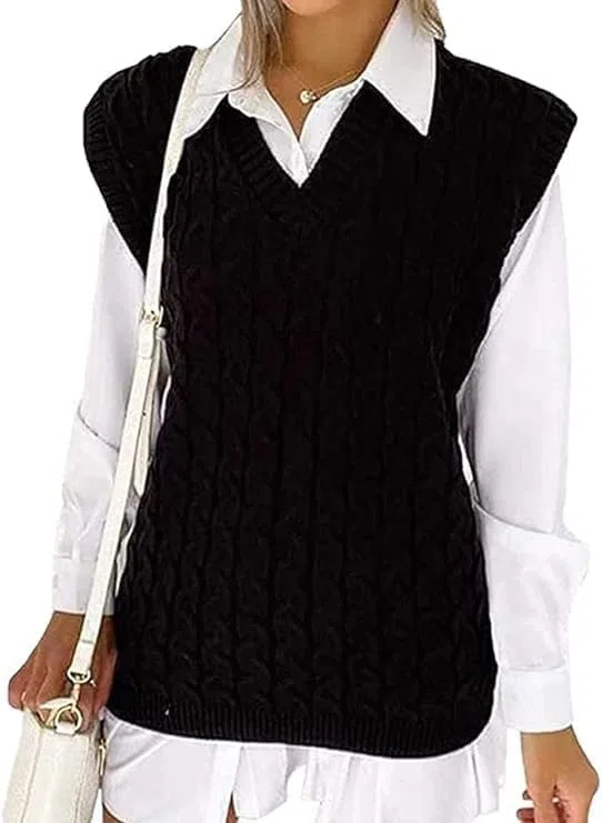 Débardeur AFR en tricot torsadé sans manches pour femme avec col en V - Pull épais à enfiler - Grande taille 36-50