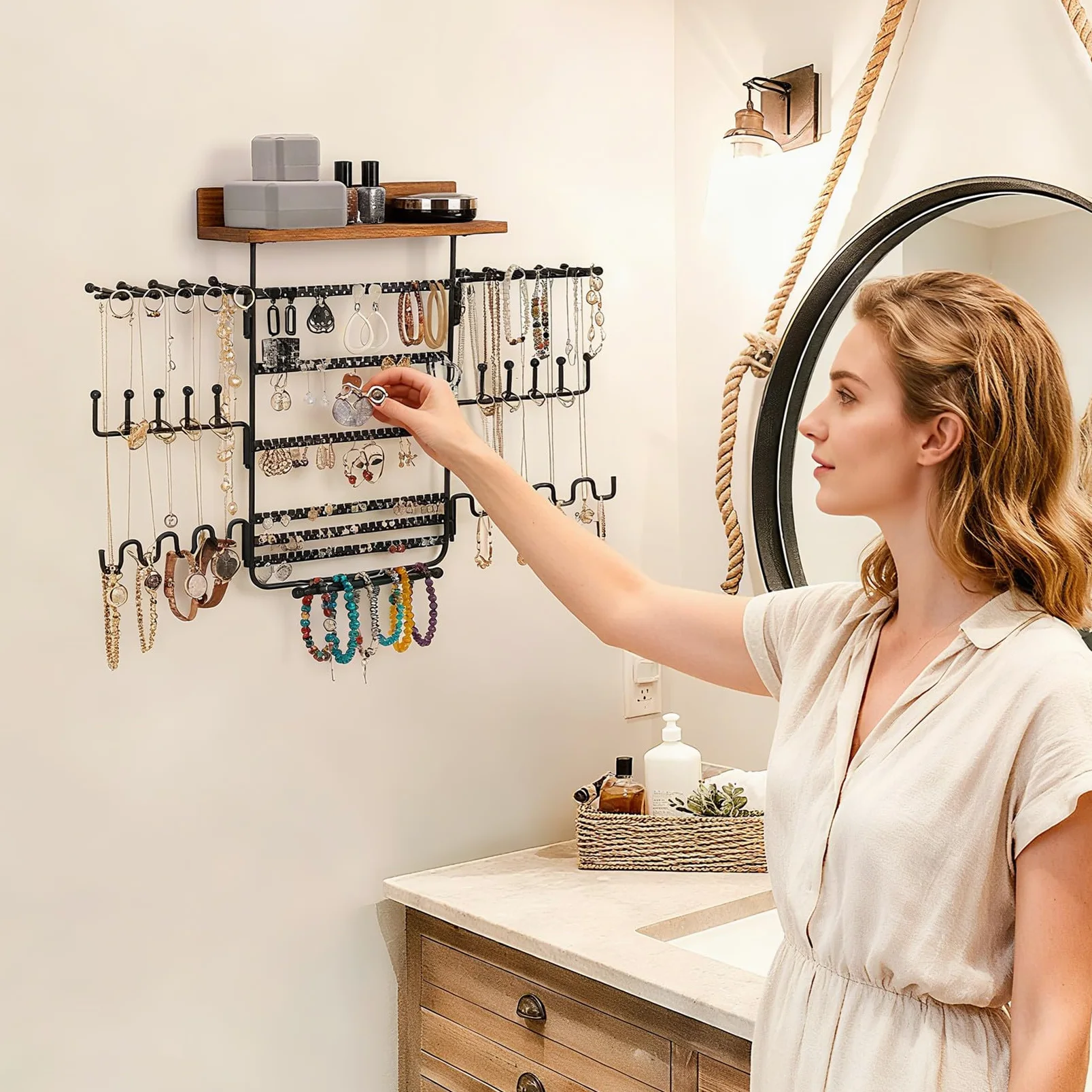 LONGBLE LBWH-28 Rangement de bijoux mural à suspendre pour colliers, boucles d'oreilles, bracelets, bagues, Rangement mural pour bijoux, Organiseur de bijoux Suspendu