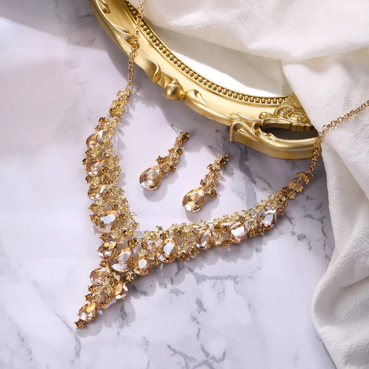 Parure Bijoux Femme Mariage Cristal Strass Multi Fleurs Gouttes d'eau Collier et Boucles d'oreilles Clair Ton d'argent