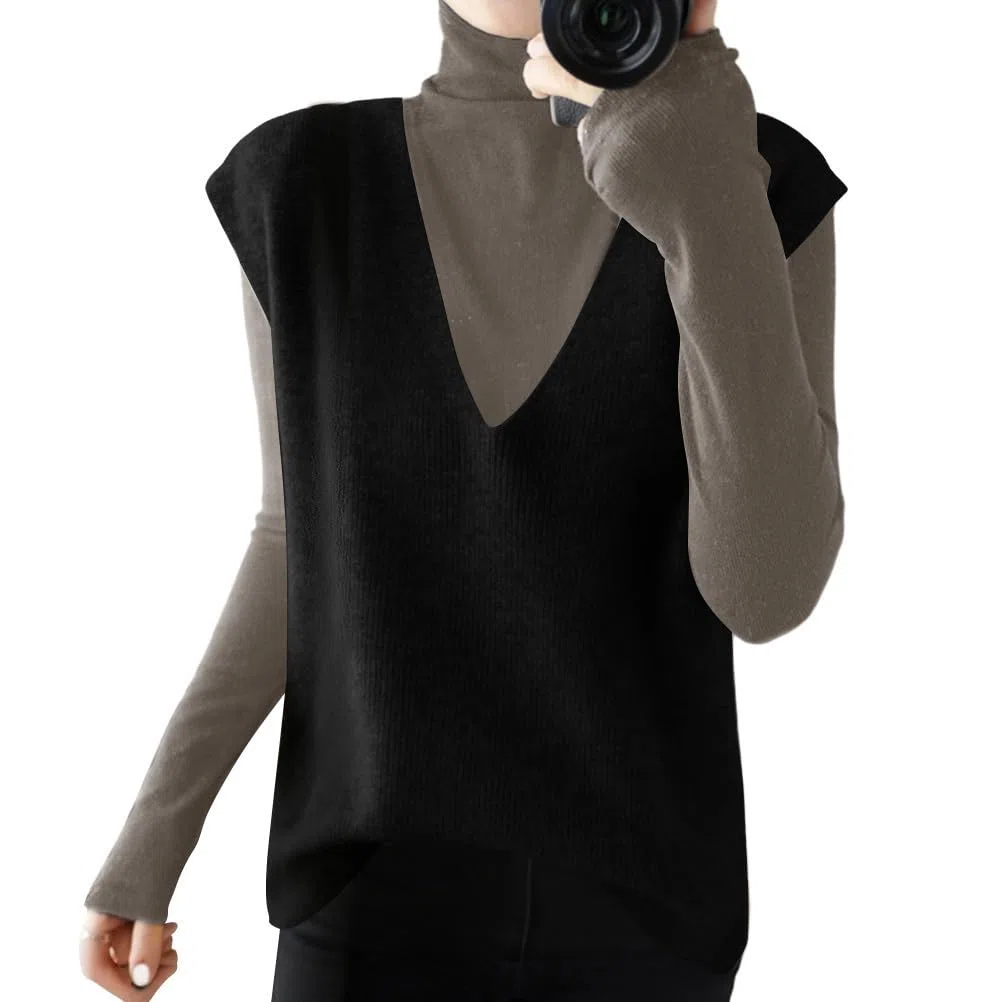 shownicer Pull sans Manches Femme Chic Et Elegant Col en V Gilet en Tricot Décontracté Couleur Unie Débardeur