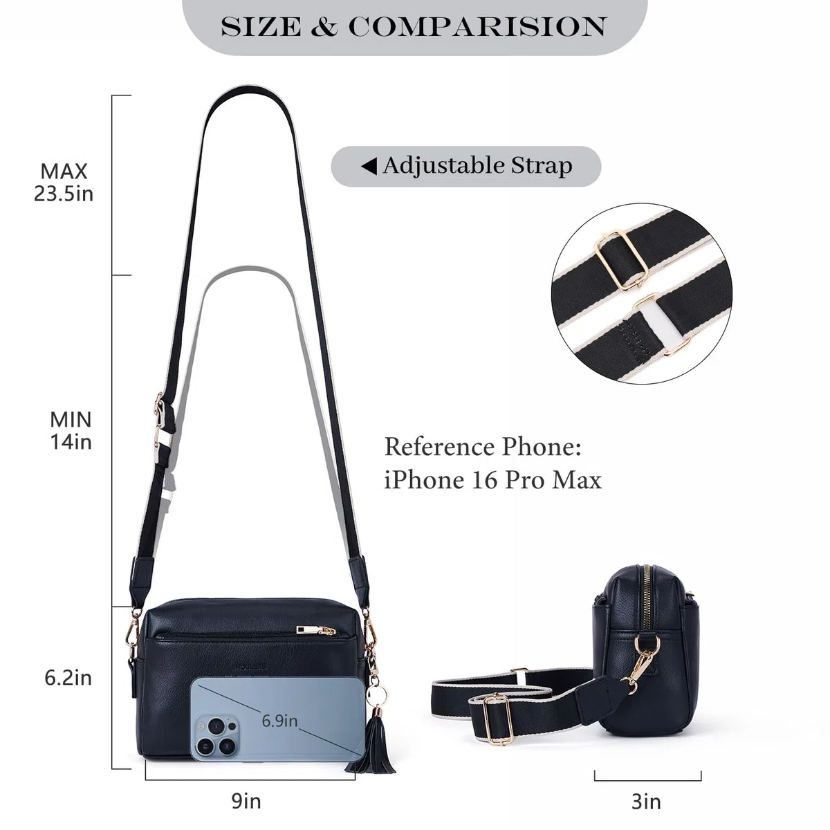 Roulens Petit Sac Bandoulière Femme avec 3 Compartiments Zippés,Sac à Bandoulière Femme en Cuir PU,Sac a Main Femmes Sacoche Femme Bandoulière avec Large Sangle Réglable et Amovible