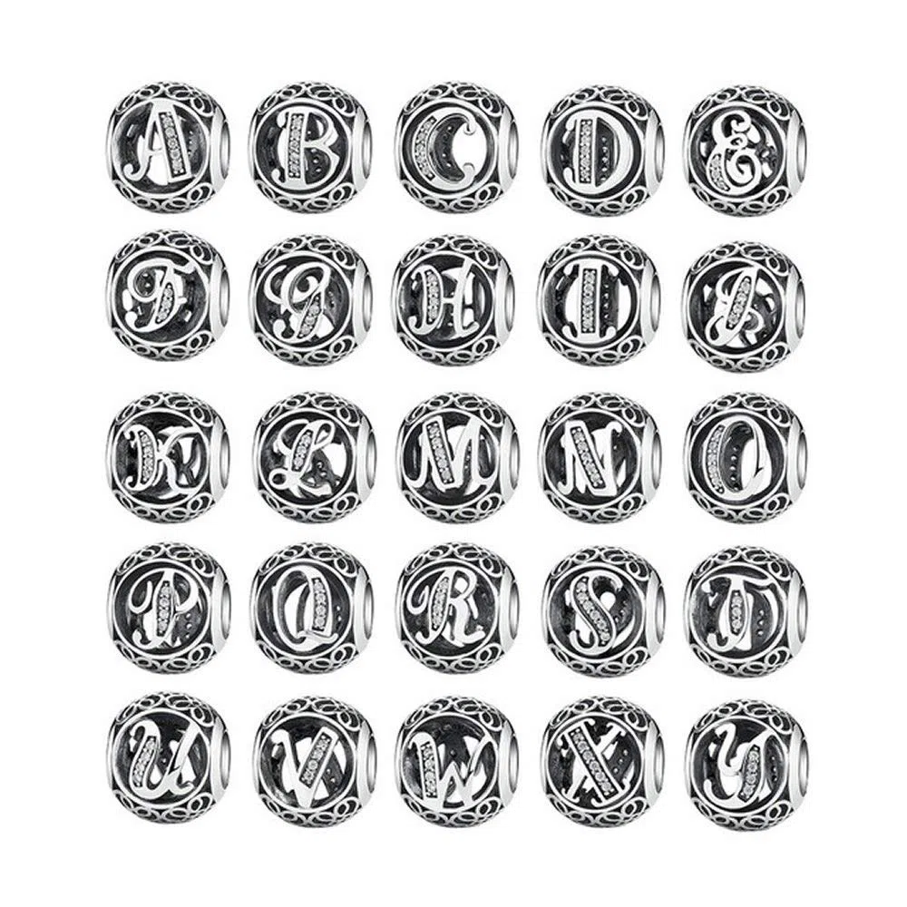 NINGAN Argent Sterling 925 Charme Lettre de l'alphabet Femmes Pearl Charms avec 5A Zircone Compatible pour Européen Bracelets