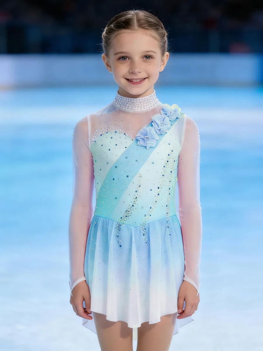 Oyolan Robe Patinage Artistique Fille Tenue Patinage sur Glace Justaucorps Manches Longues Strass Costume