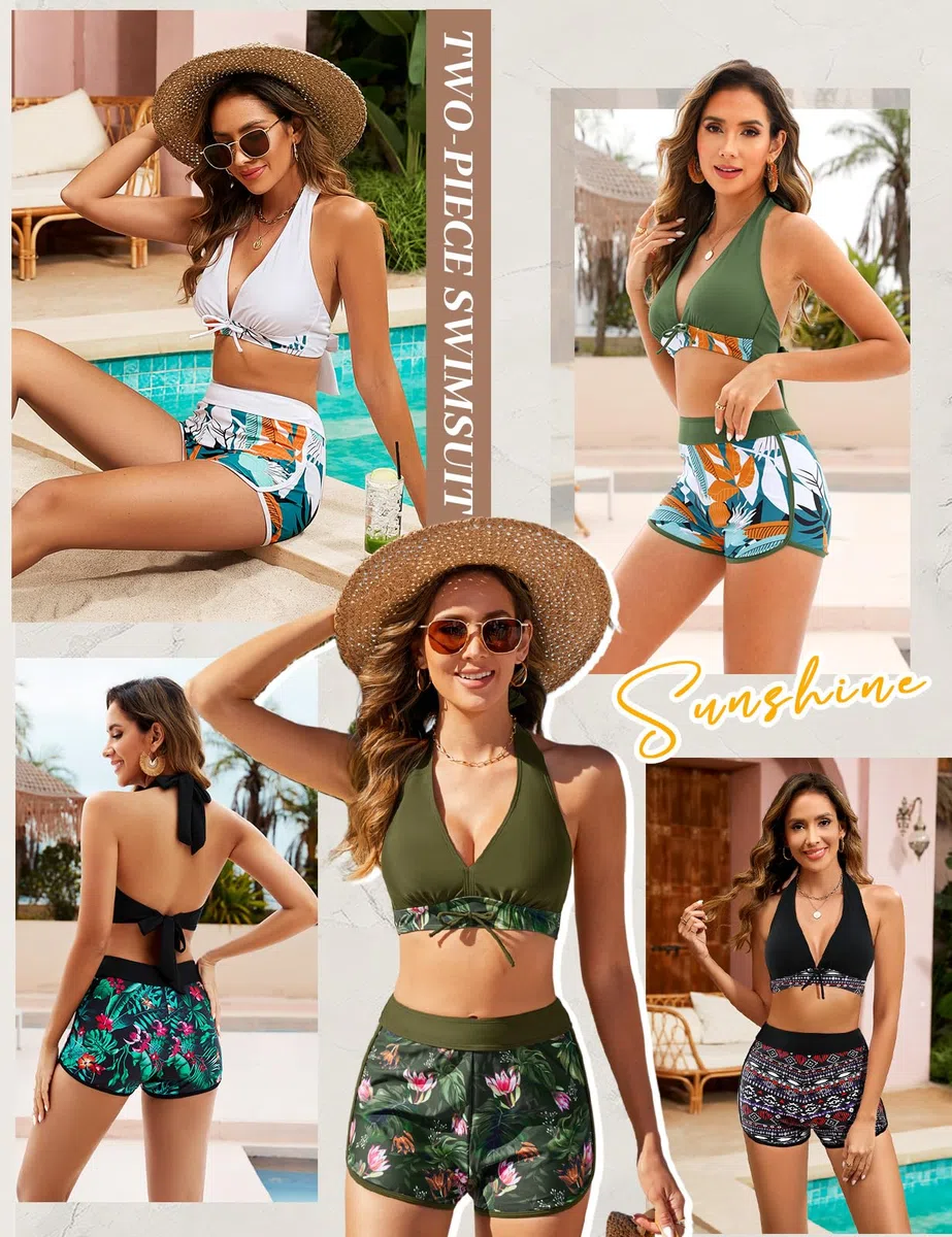 Tuopuda Femme Maillots de Bain Deux Pièces Push-up Col V Bikini Set Ensembles 2 Pièces Haut de Bikini Dos Nu avec Shorty de Bain Taille Haute Imprimé