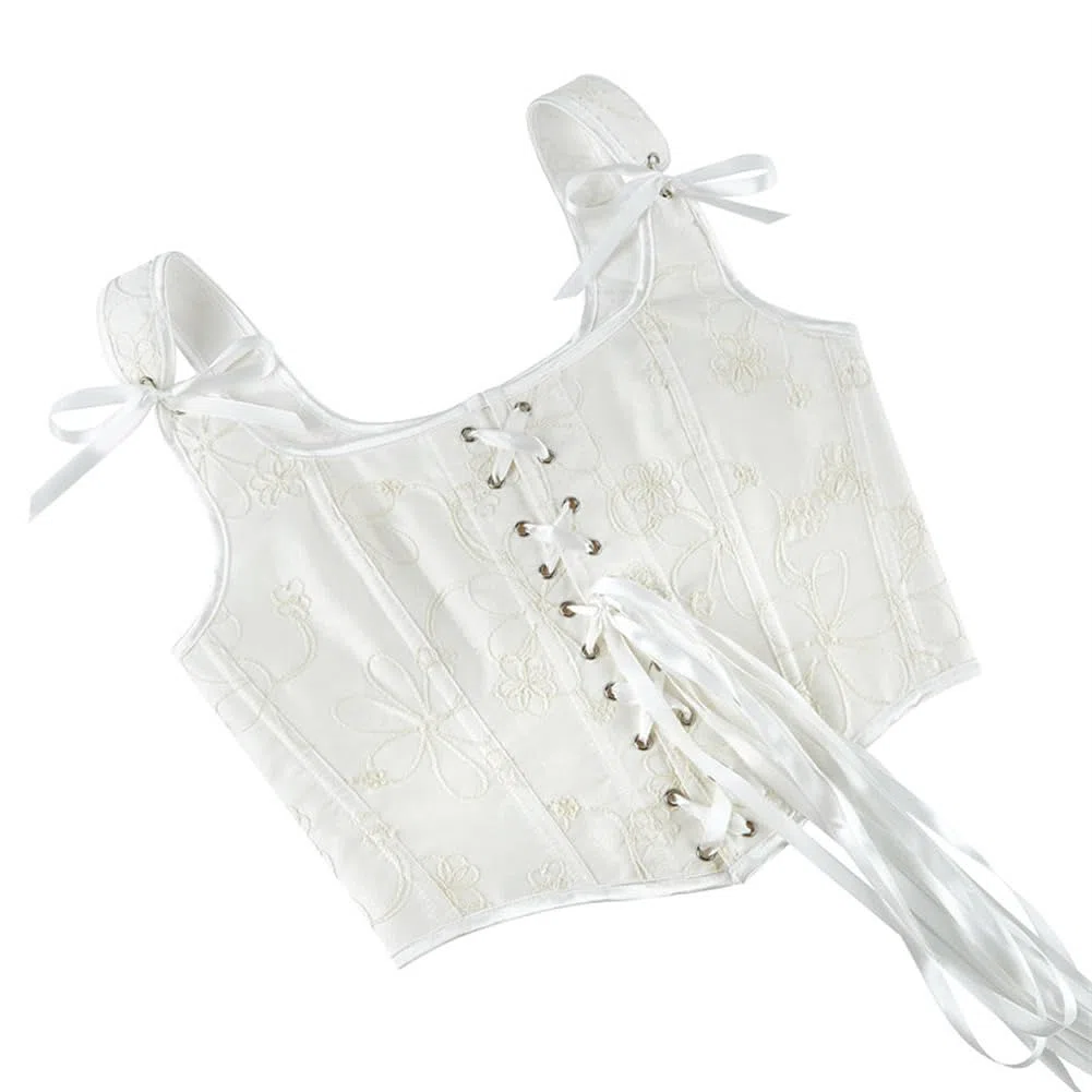 DISSA Corset Bustier à Laçage Frontal et Armature | Motif floral brodé, bretelles larges à nœuds, laçage frontal, armatures verticales, fermeture crochet