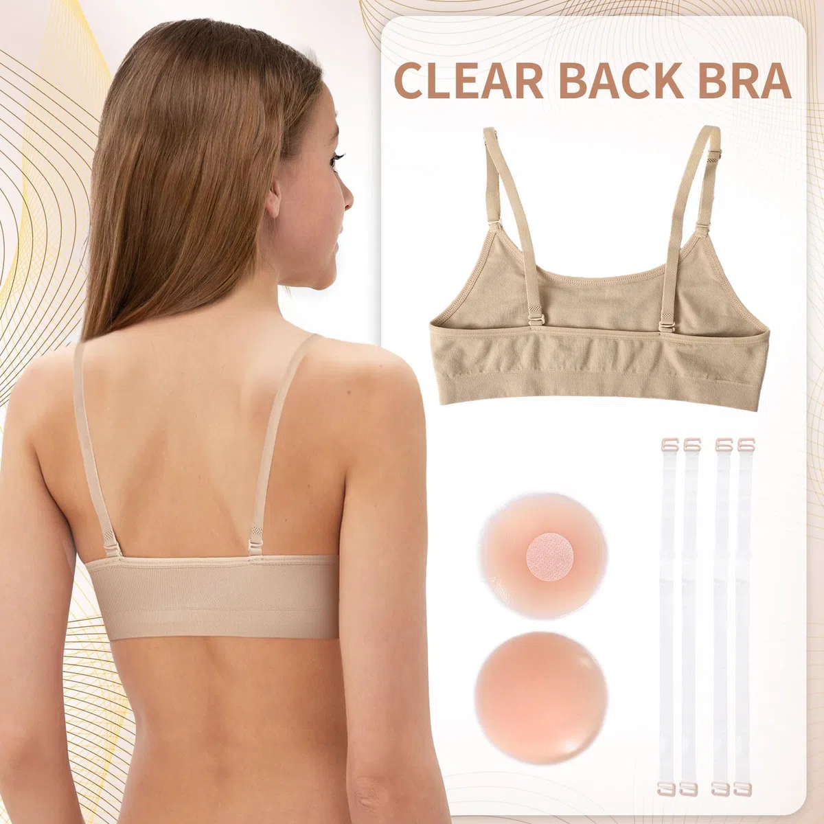 Soutien-gorge de danse pour fille - Soutien-gorge élastique sans couture sans fil avec 2 paires de bretelles transparentes réglables et interchangeables et couvertures en silicone