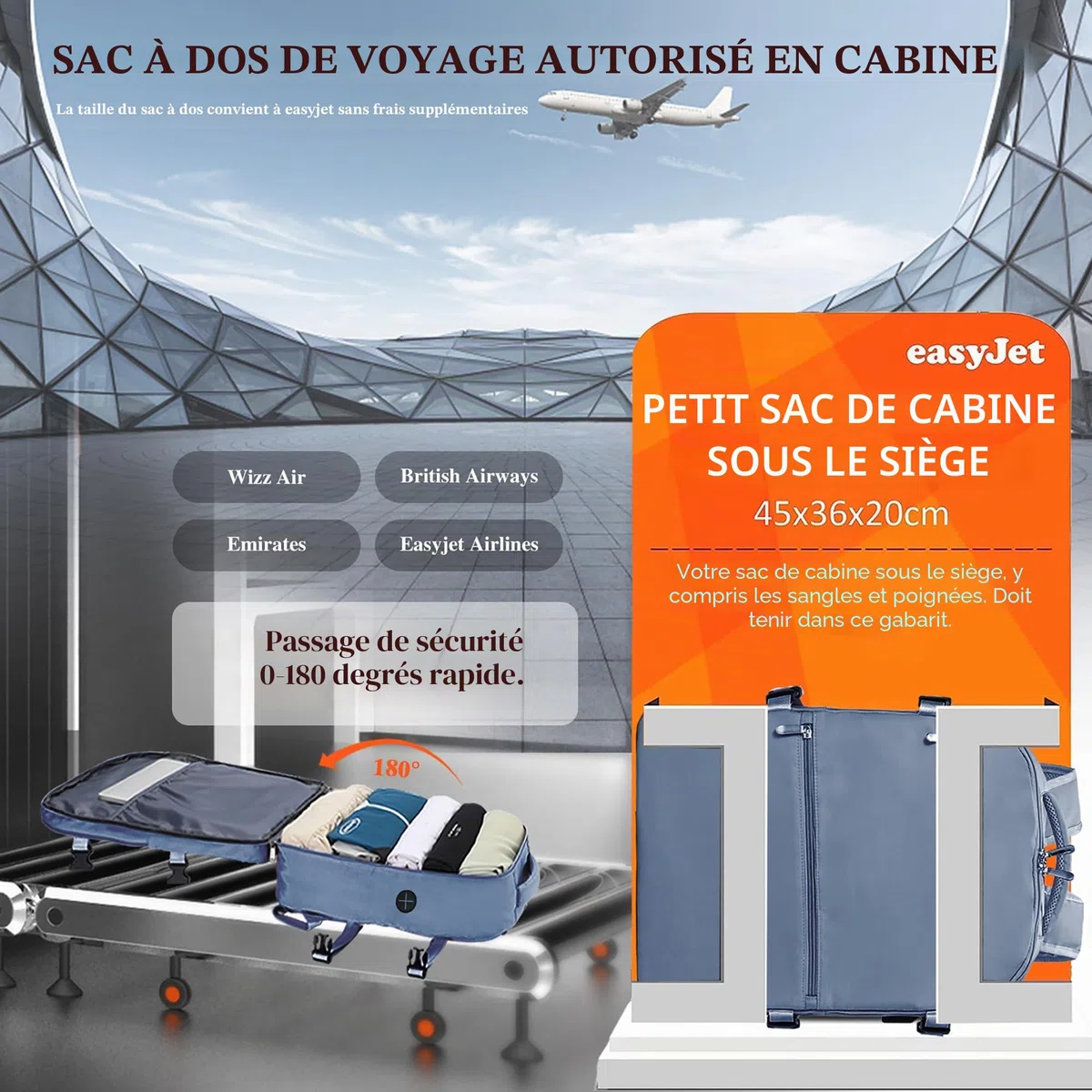 WOUIYO Bagage Cabine 45x36x20 pour Easyjet Sac à Dos Voyage Cabine Avion 30L Bagage à Main Femme Homme Sous Siege Cabine Sac à Dos pour Ordinateur Portable 15.6 Pouces