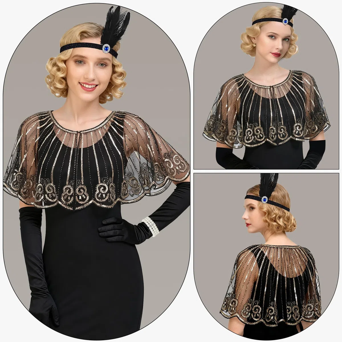 ELECLAND 10 Pièces Années 1920 Flapper Great Gatsby Accessoires Set Mode Roaring 20's Theme Set avec Bandeau Bandeau Long Gants Noirs Collier Boucles d'Oreilles pour Femme