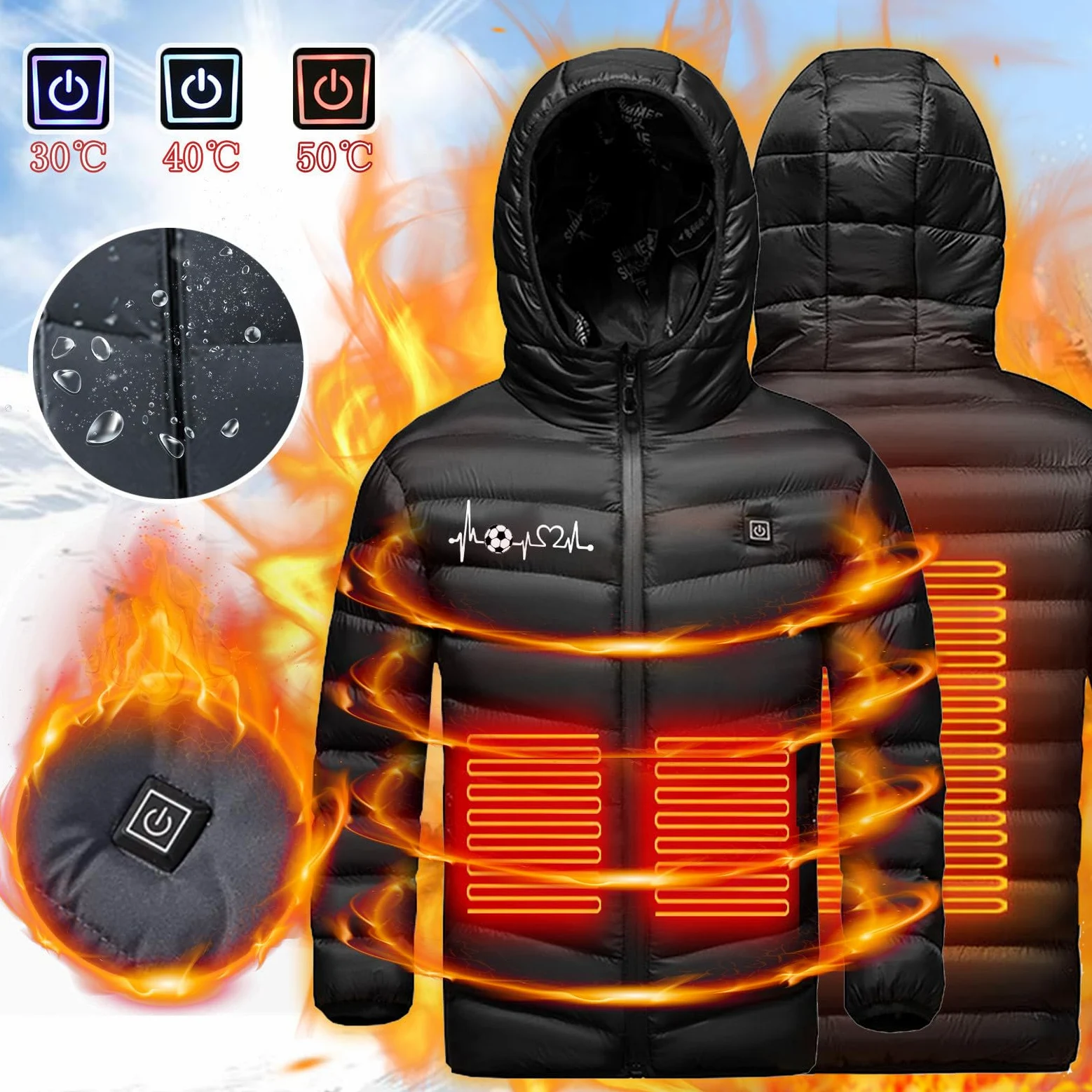 Manteau Doudoune Chauffant Enfants USB Veste Chauffant Electrique Garçons Filles avec 3 Zones de Chauffage Manche Longue Veste Chauffante Doudoune imprimé Vêtements Chauffants pour Chasse Camping