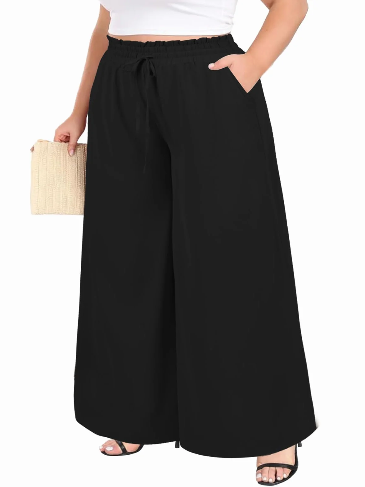 Moon Wood Pantalon Femme Grande Taille Haute Été Long Léger Fluide Elastique avec Poches