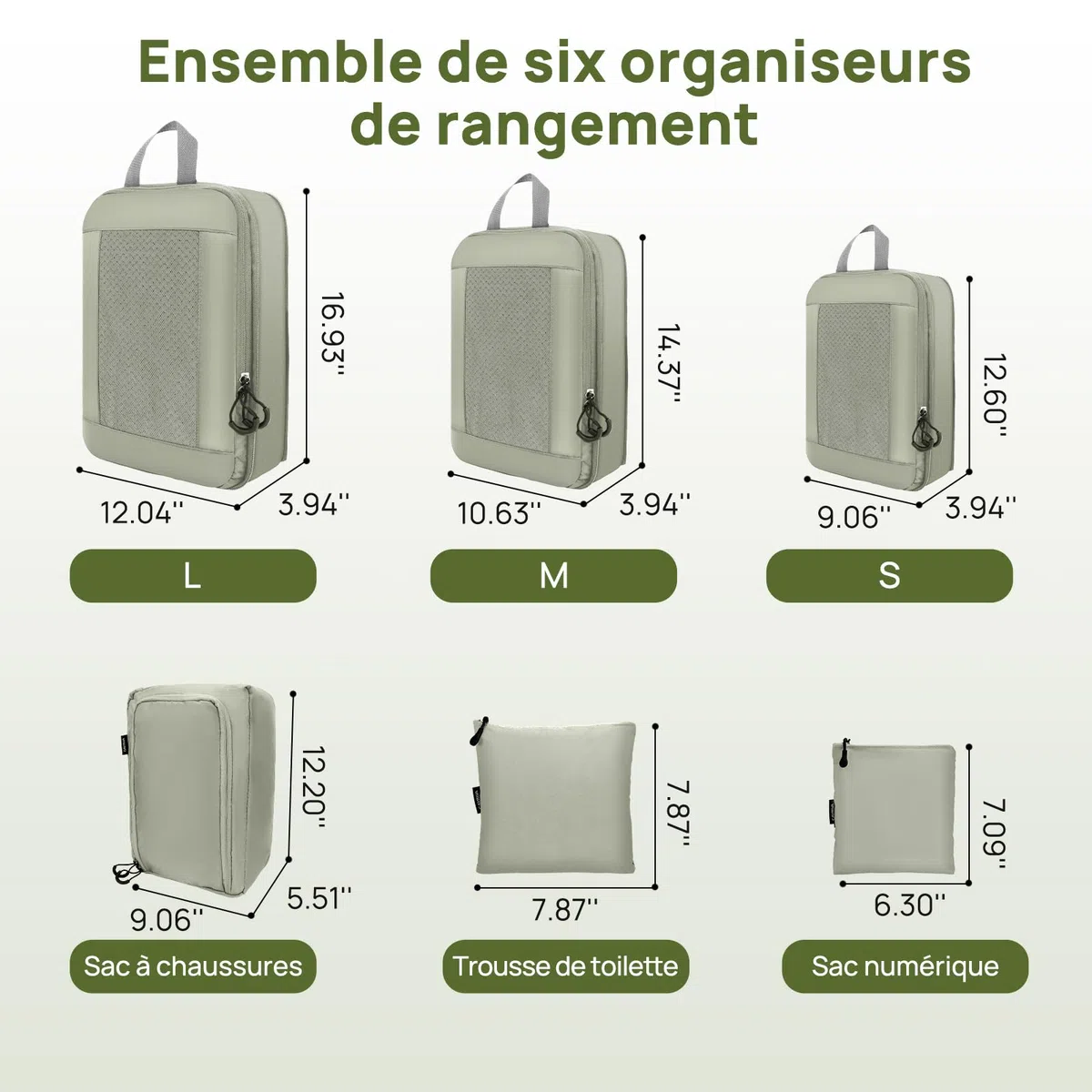 Rangement Valise, Ultraléger Organisateur Valise Compression, Extensible Voyage Packing Cubes Compression Sac Organiseurs de Bagage, Organisateur Valise Compressible (Gris Vert, 6 Pièces)