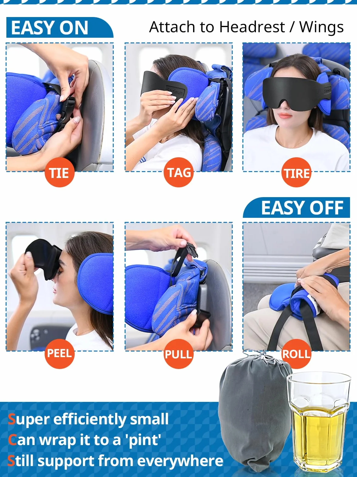 SARISUN Oreiller de Voyage, Oreiller Cervical avec Masque pour Les Yeux, Oreiller d'avion pour Long vol, Oreiller de Voyage pour Voiture, Appui-tête de Voiture, Noir
