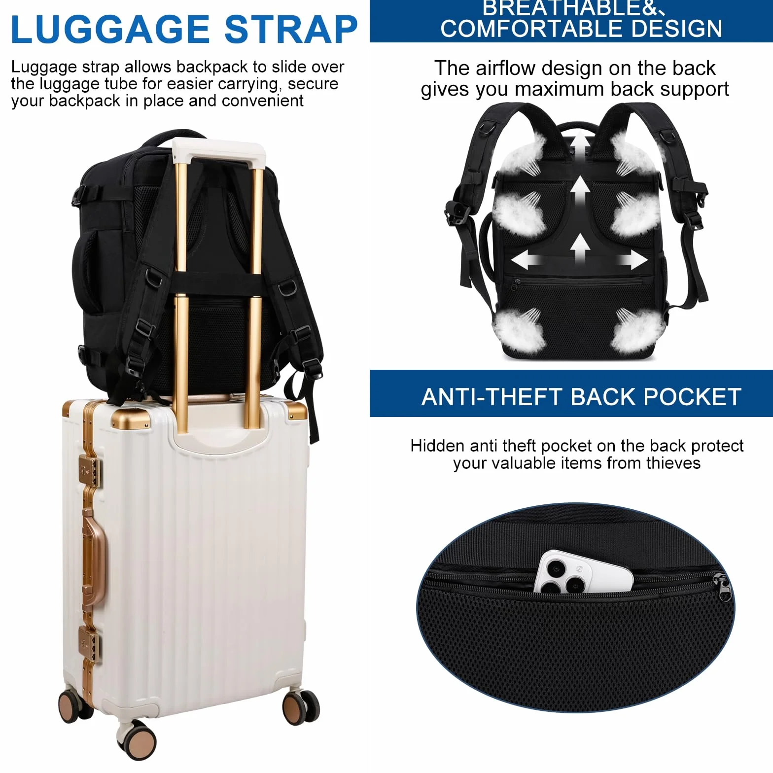 ENZOSUM Bagage Cabine 40x30x20 Sac à Dos Voyage Sac Cabine Avion 40x30x20 pour Ryanair,Wizzair 24L Bagage à Main Homme Femme Sac à Dos pour Ordinateur Portable Noir