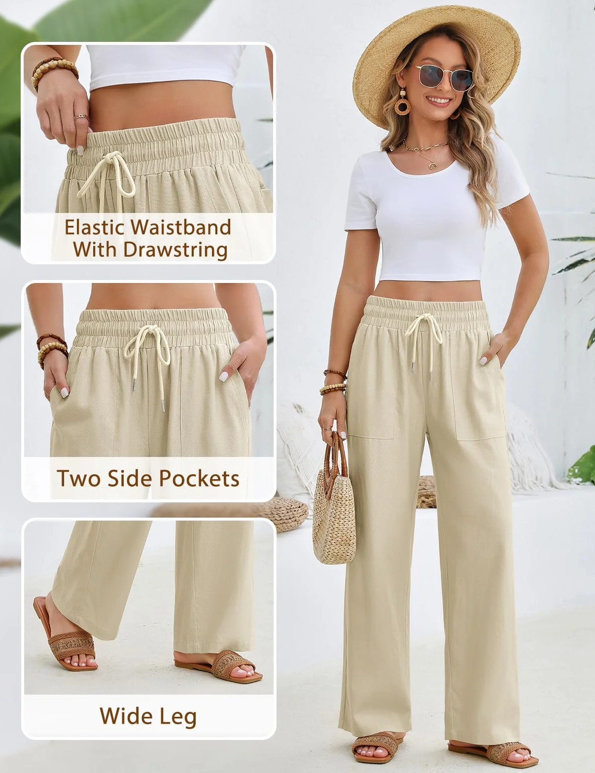 Pantalon Femme Fluide Été Pantalons Lin Taille Haute Elastique Pantacourt Léger Ample Jogging Décontractée Large avec Cordon de Serrage Longueur Pants Chic et Elegant avec Poches