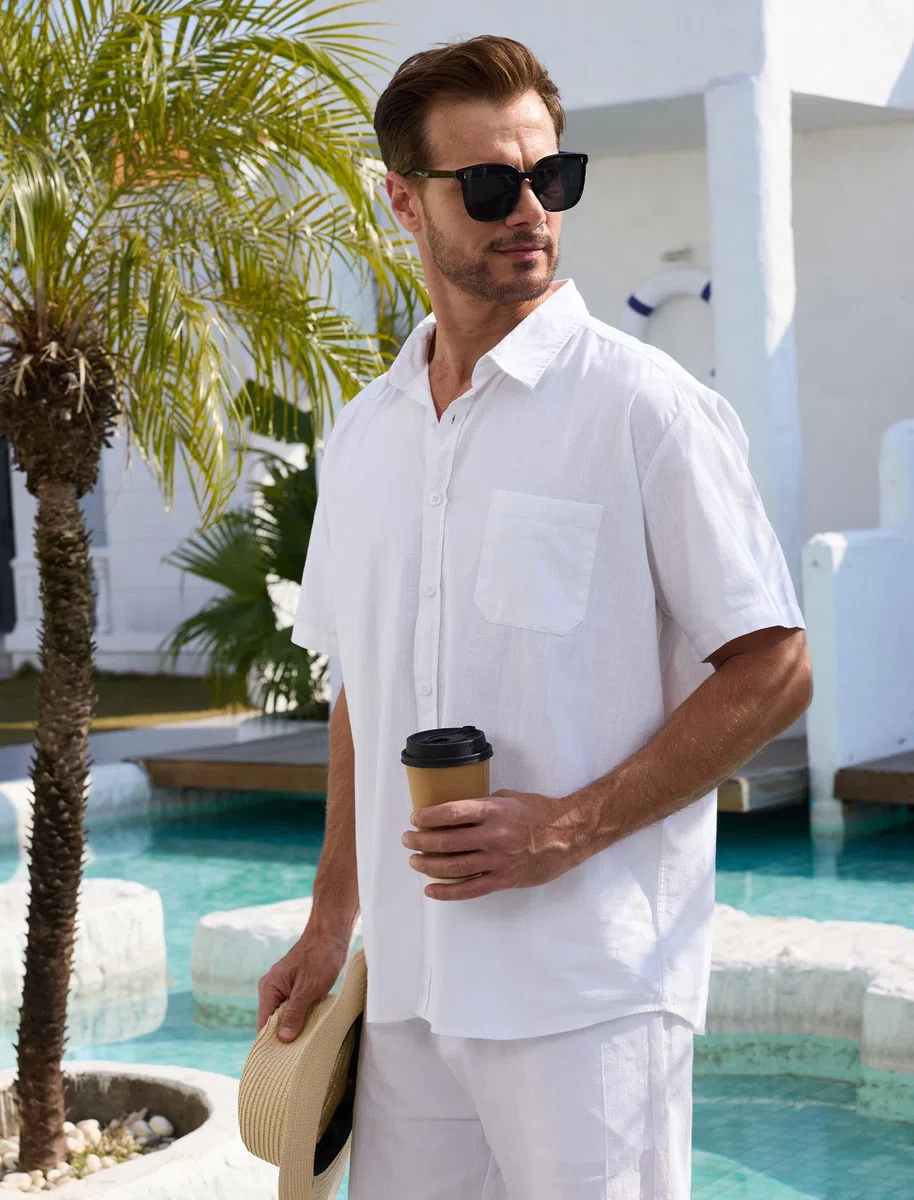 Chemise Homme à Manches Courtes, en Coton-Lin, avec Poche, Chemise Décontractée de Plage d’Été
