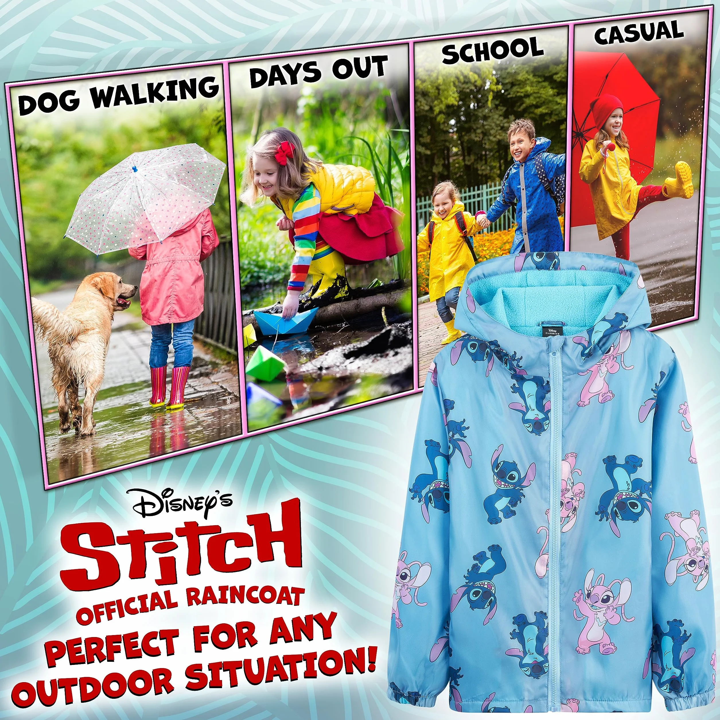 Disney Veste Stitch, Impermeable Enfant Fille, Veste de Pluie Enfant avec Doublure en Polaire, Vêtement Enfant Fille Ado 4-14 Ans