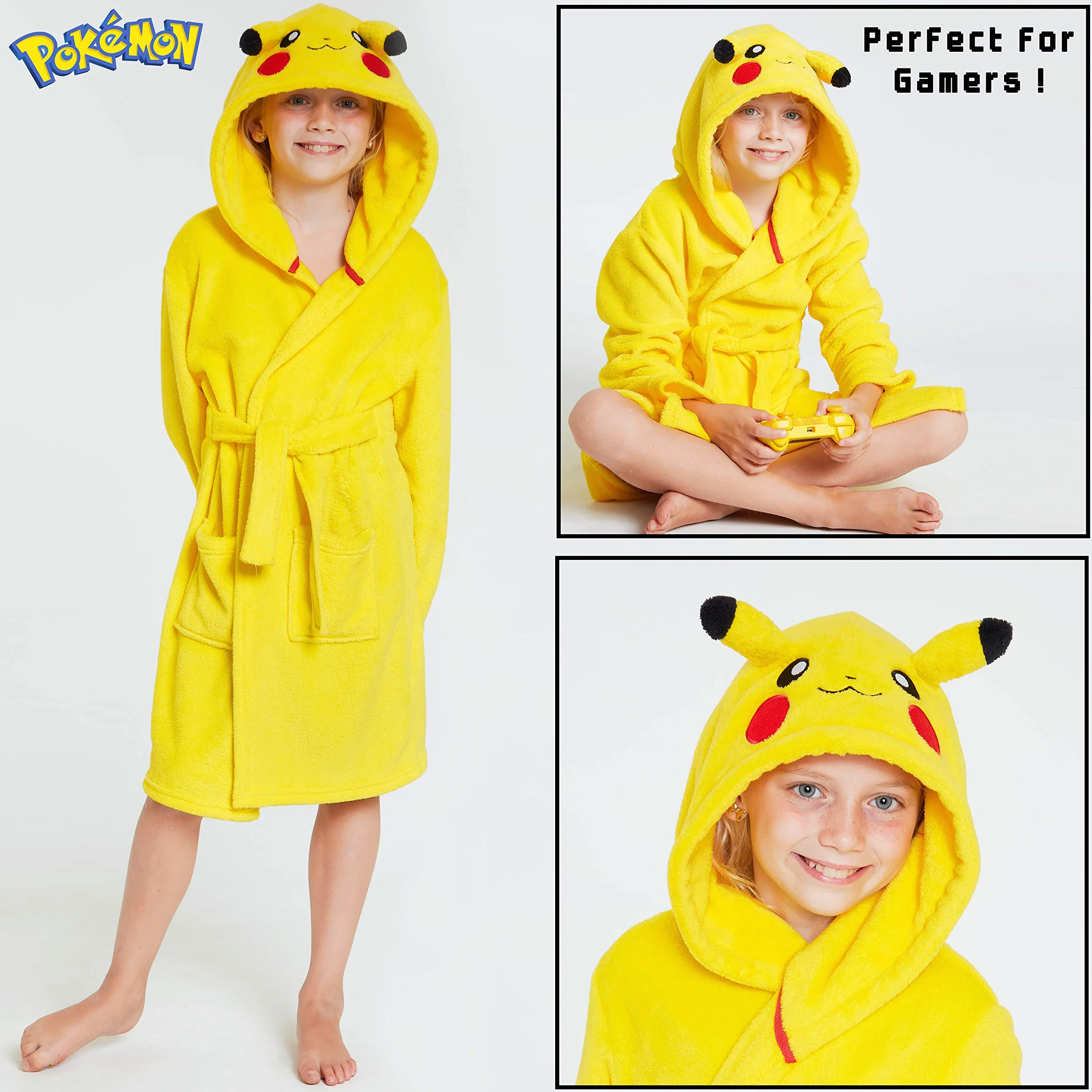 Pokémon Robe De Chambre Enfant De Pikachu, Peignoir Garçon Ou Fille en Polaire Douce avec Capuche Taille 4-14 Ans
