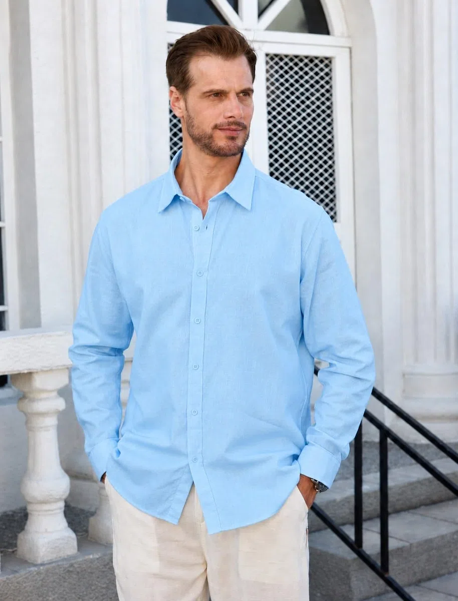Chemise Homme Manches Longues, Chemise Décontractée Lin-Coton, Coupe Standard, Haut Décontracté d'affaires Casual, Idéale pour Vacances Plage Été