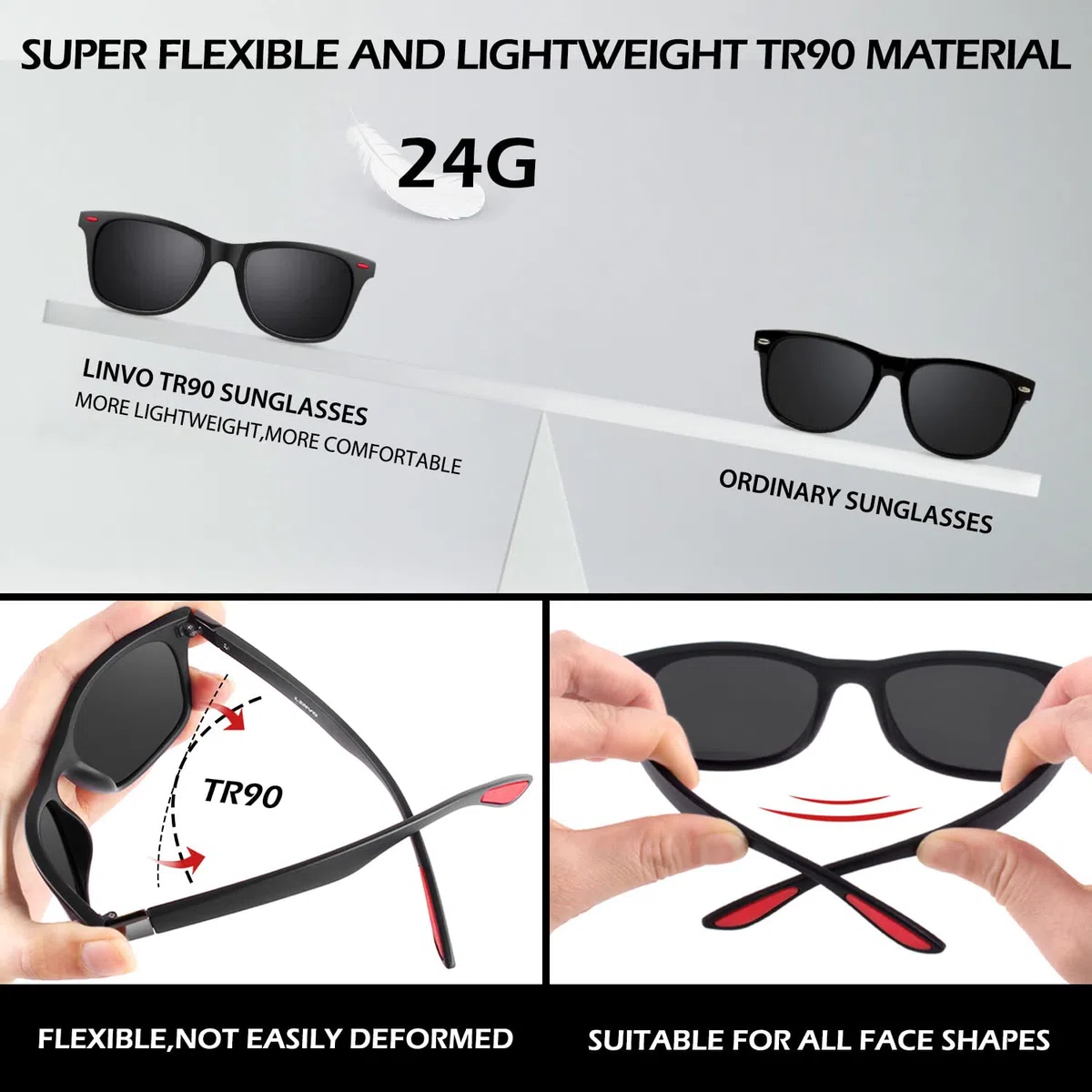 LINVO Lunettes de Soleil Homme Polarisées Vintage TR90 Mode Classiques Ultraléger Carrées 100% Protection UV400 Lunettes de Soleil