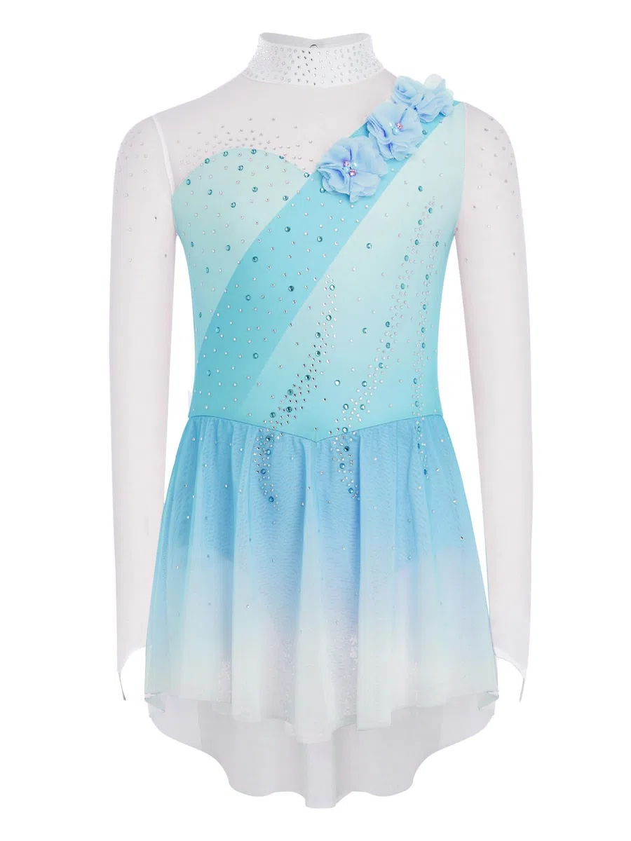 Oyolan Robe Patinage Artistique Fille Tenue Patinage sur Glace Justaucorps Manches Longues Strass Costume
