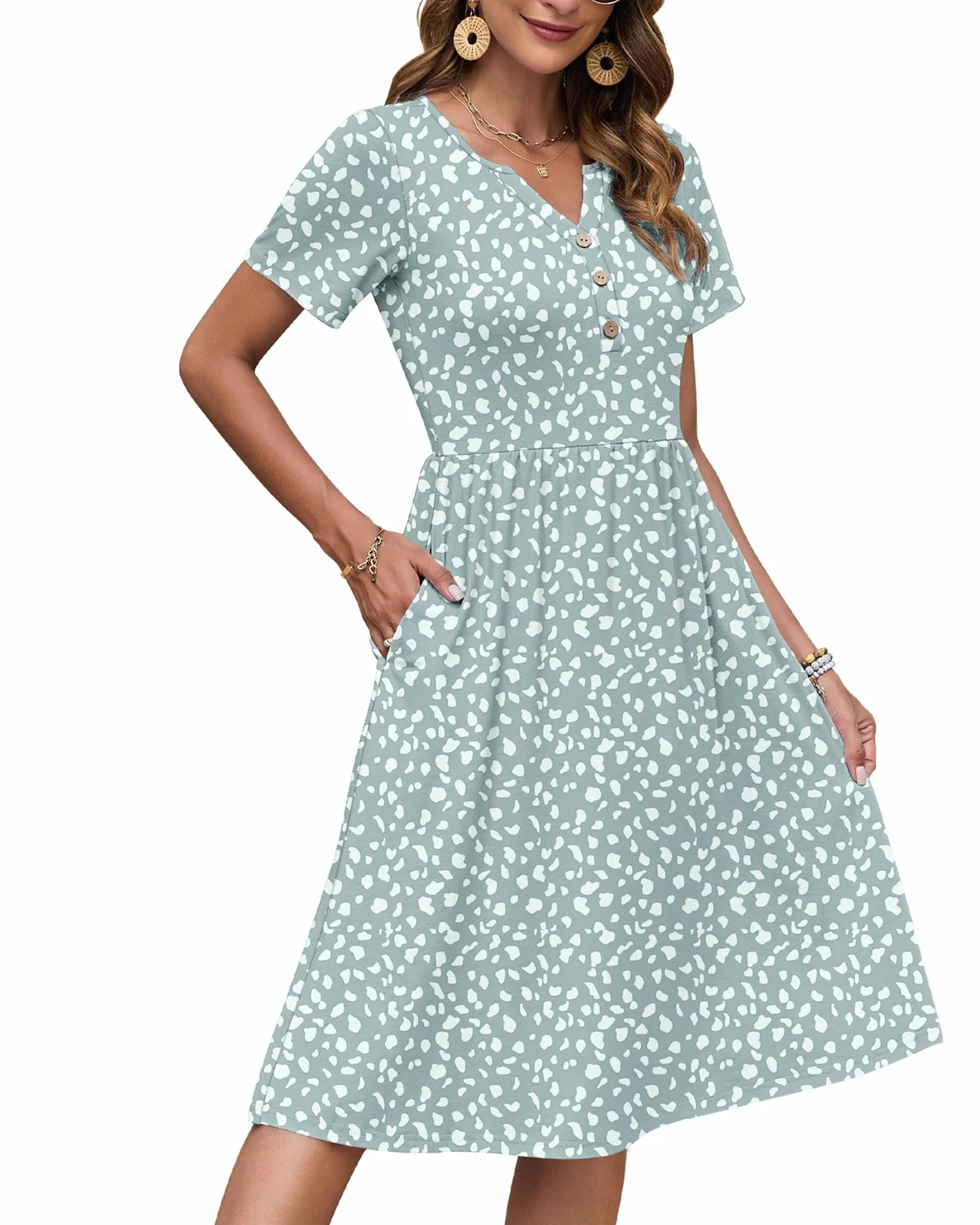 AUSELILY Robe Femme d'été à Manches Courtes avec Boutons Robes Longueur Genou légère Col en V Style Empire Décontractée avec Poches