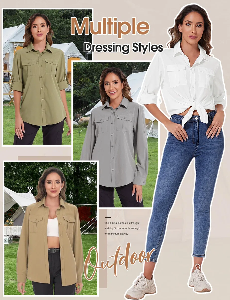 Tuopuda Chemisier Femme Chic Élégant Blouses UPF 50+ Protection Solaire T-Shirt Chemise Col en V avec Boutons Respirant Tunique Haut Manches Longues Décontracté Tops Randonnée Safari