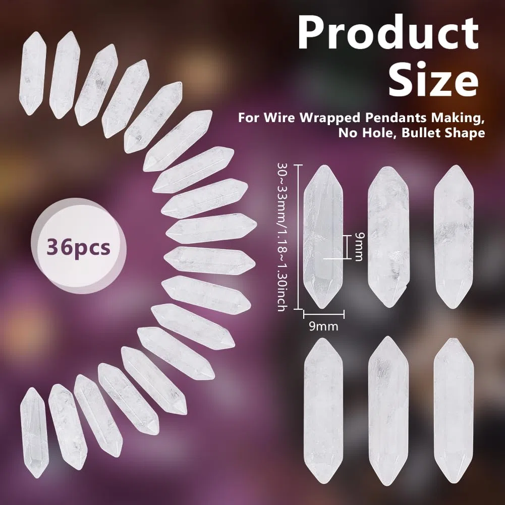 OLYCRAFT 36Pcs cristaux de Quartz clair pointes Quartz naturel pointes cristal Hexagonal terminée doubles bagulettes Point Pierre gemme décor bricolage artisanat collier fabrication bijoux -30x9x9mm