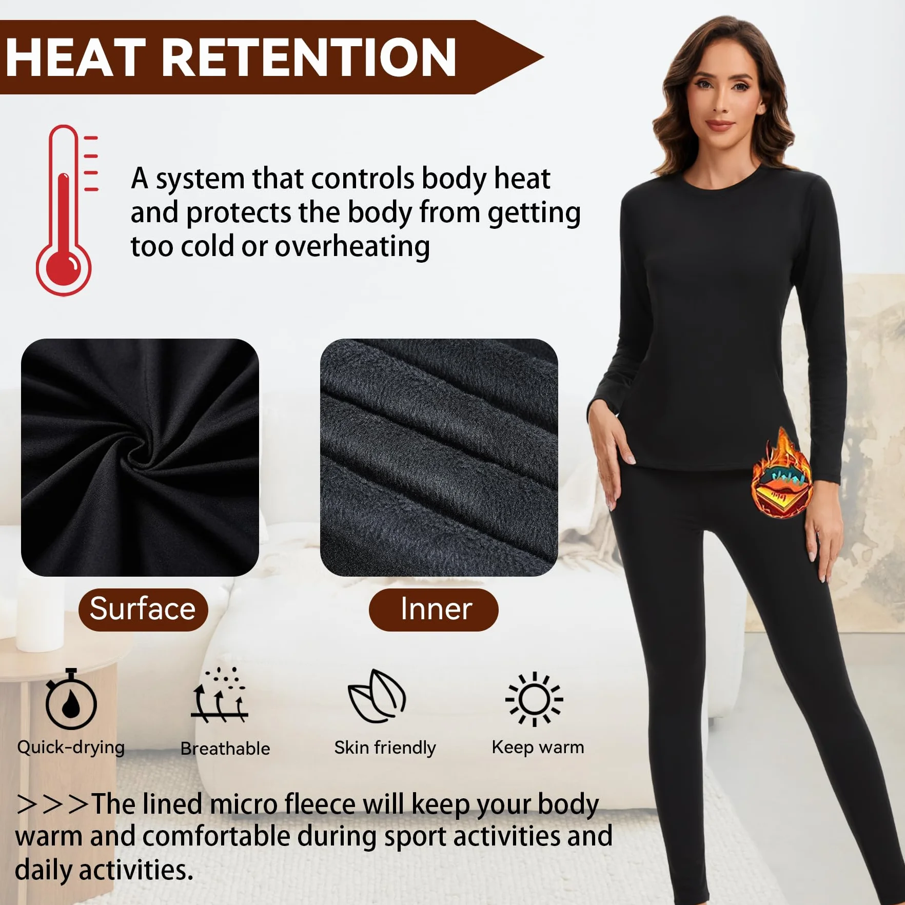 AMZSPORT Set de sous-vêtements Thermiques pour Femme - Combinaison Hiver Respirante avec Doublure Polaire, Haut Manches Longues & Leggings Doux pour Ski et Activités Extérieures