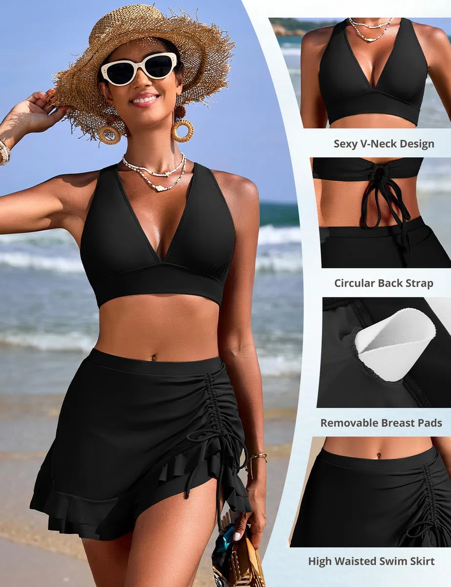 Maillot de Bain Femme 2 Pieces Bikini Taille Haute avec Jupe Maillot de Bain Push up Rembourré à Encolure en V pour Les Vacances à la Plage